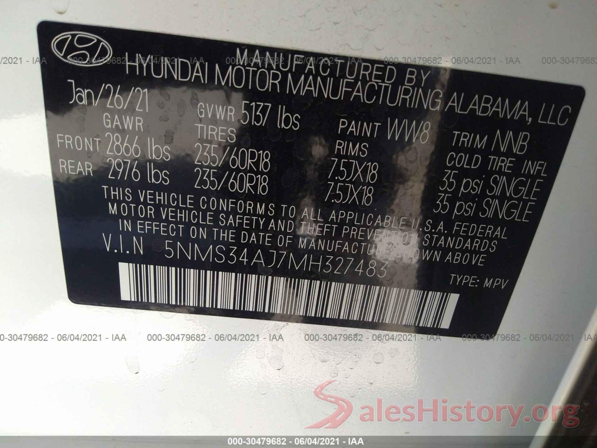 5NMS34AJ7MH327483 2021 HYUNDAI SANTA FE