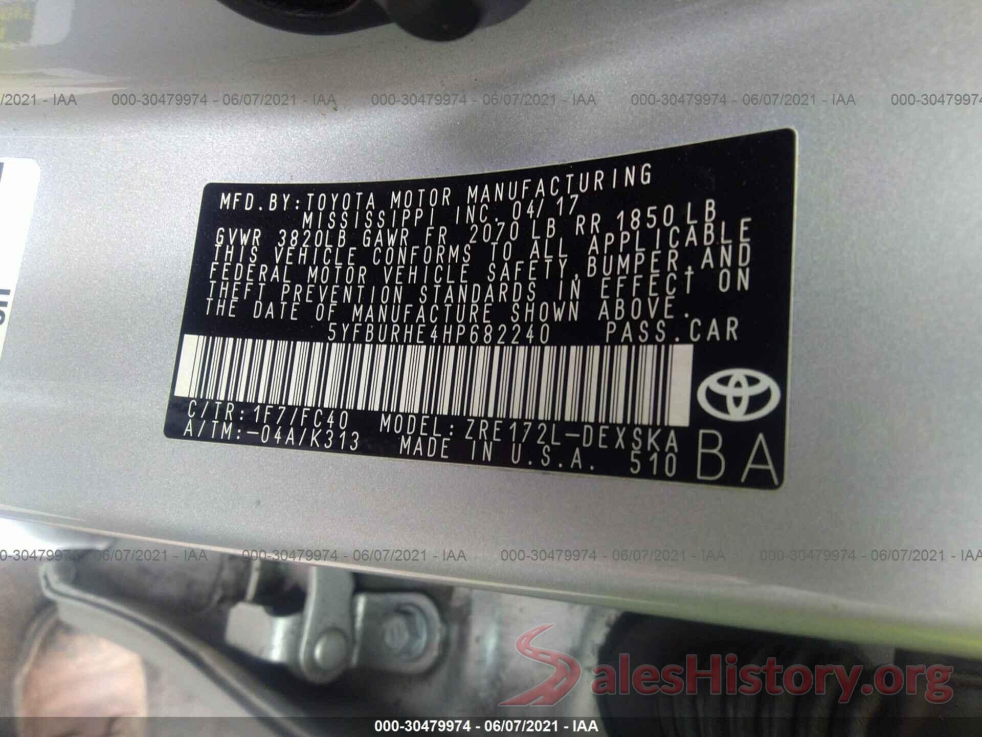 5YFBURHE4HP682240 2017 TOYOTA COROLLA