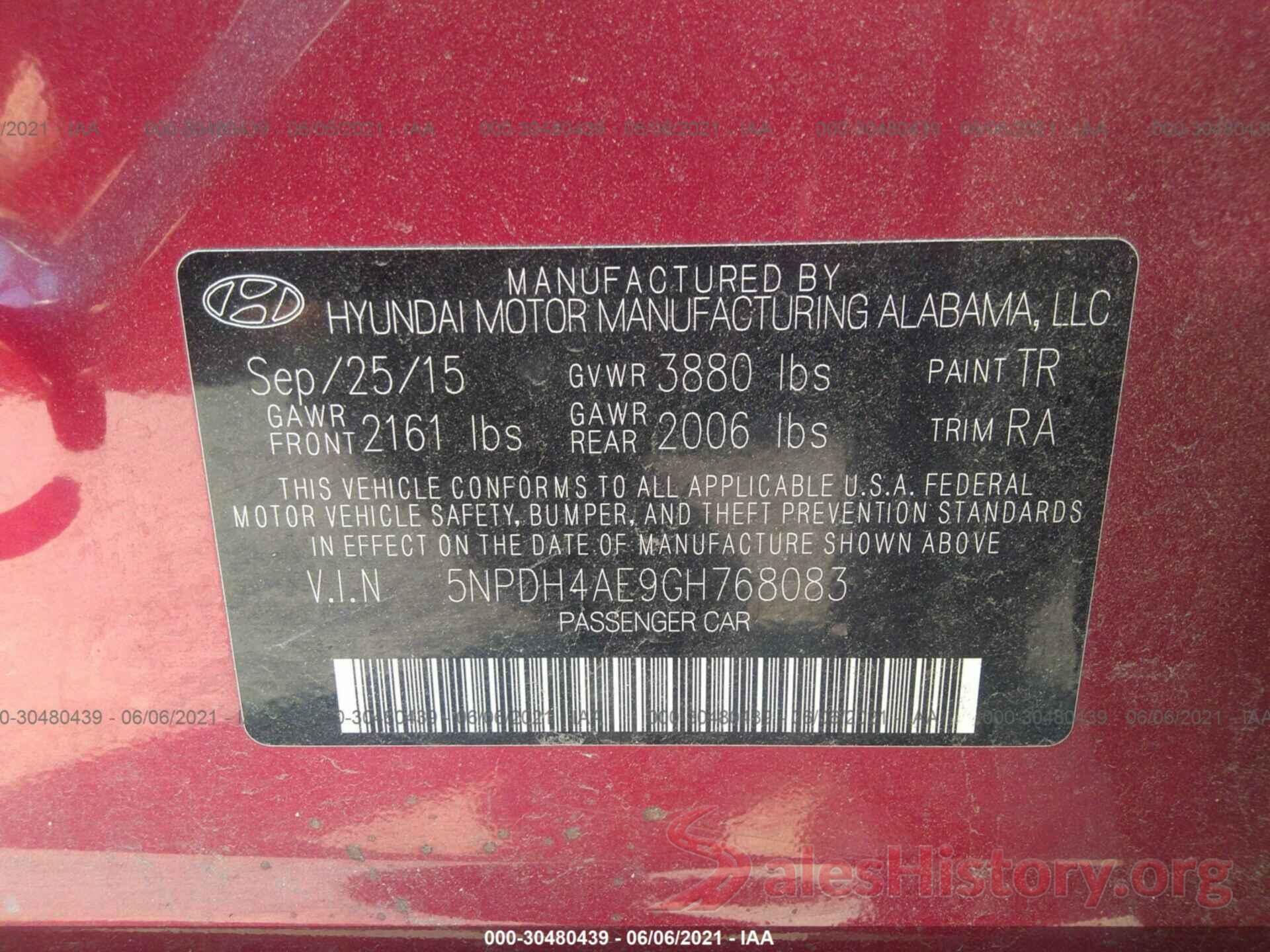 5NPDH4AE9GH768083 2016 HYUNDAI ELANTRA