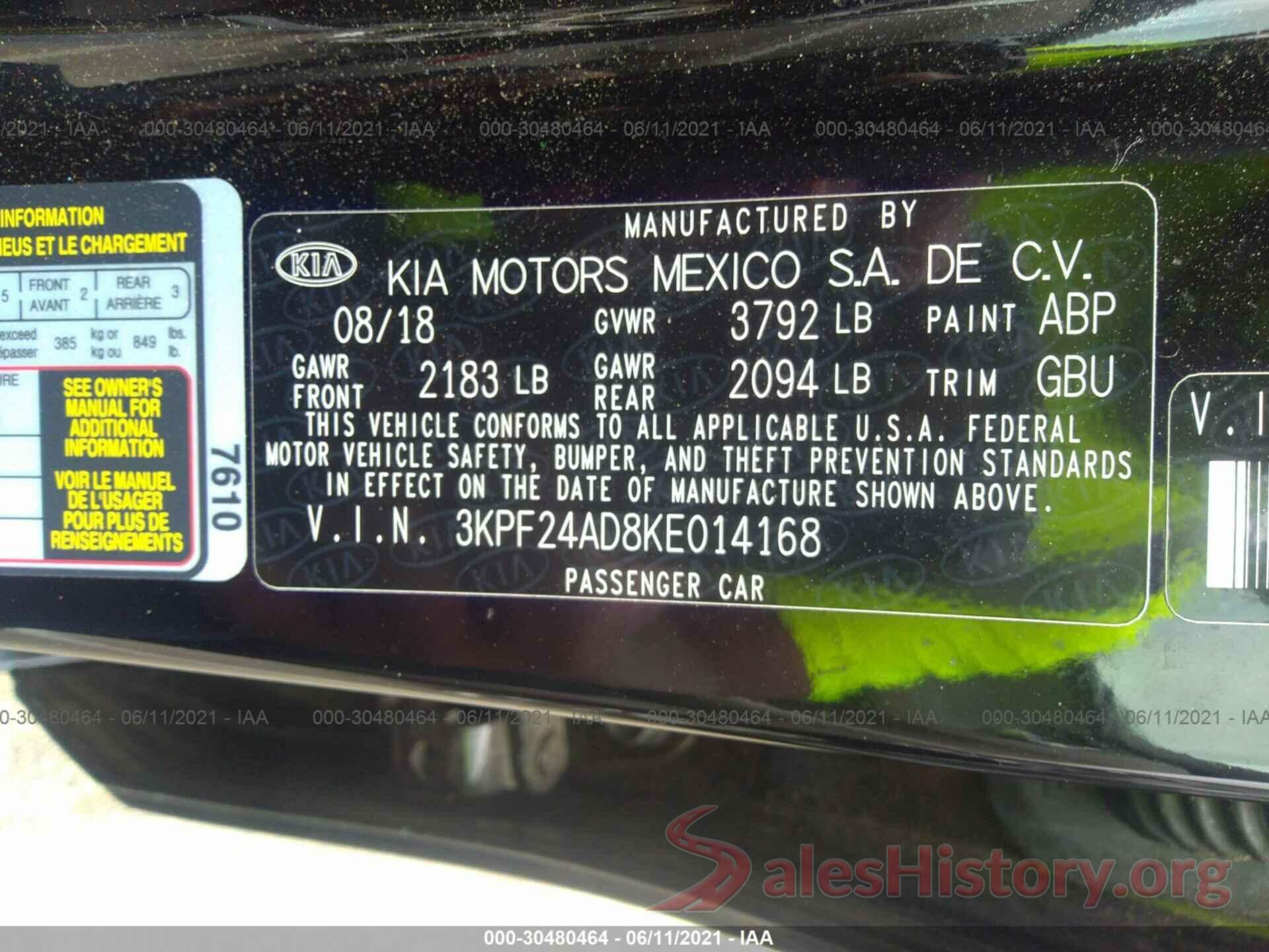 3KPF24AD8KE014168 2019 KIA FORTE