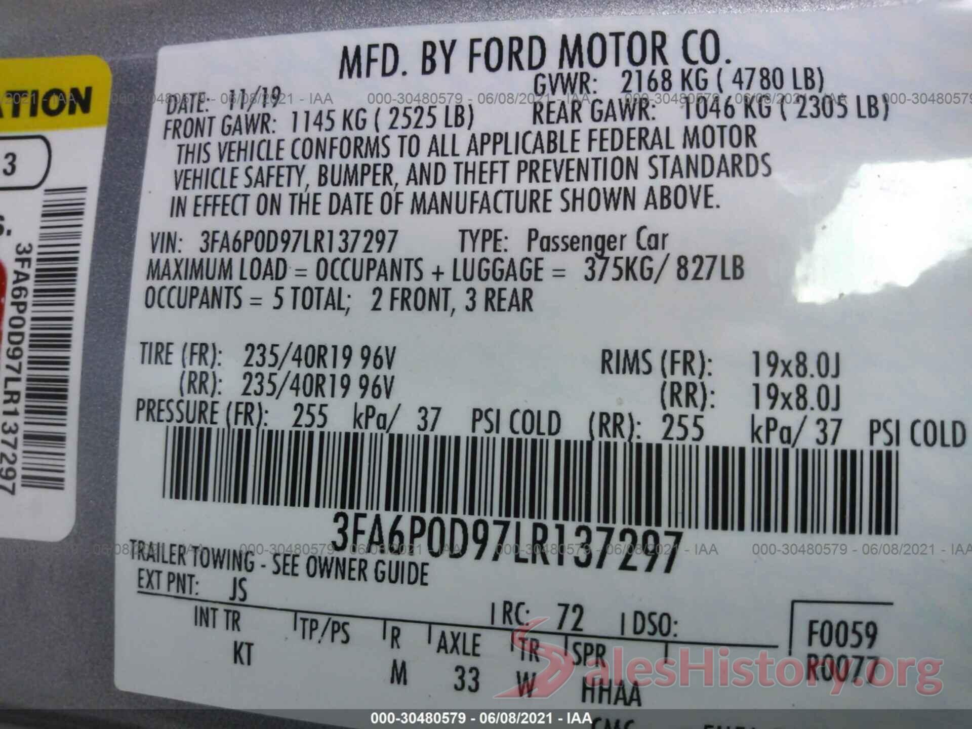 3FA6P0D97LR137297 2020 FORD FUSION