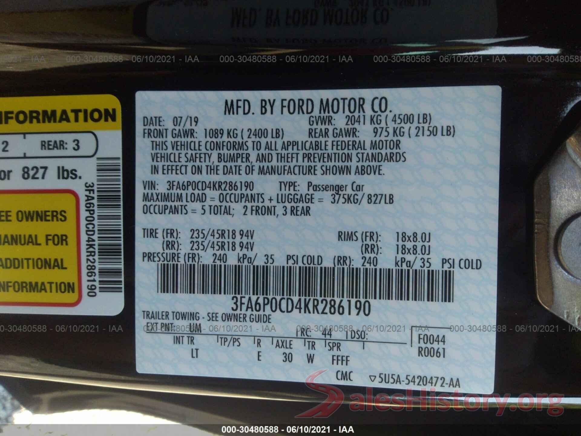 3FA6P0CD4KR286190 2019 FORD FUSION