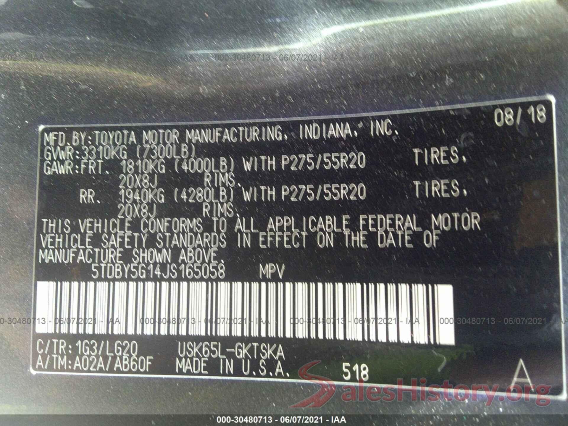 5TDBY5G14JS165058 2018 TOYOTA SEQUOIA