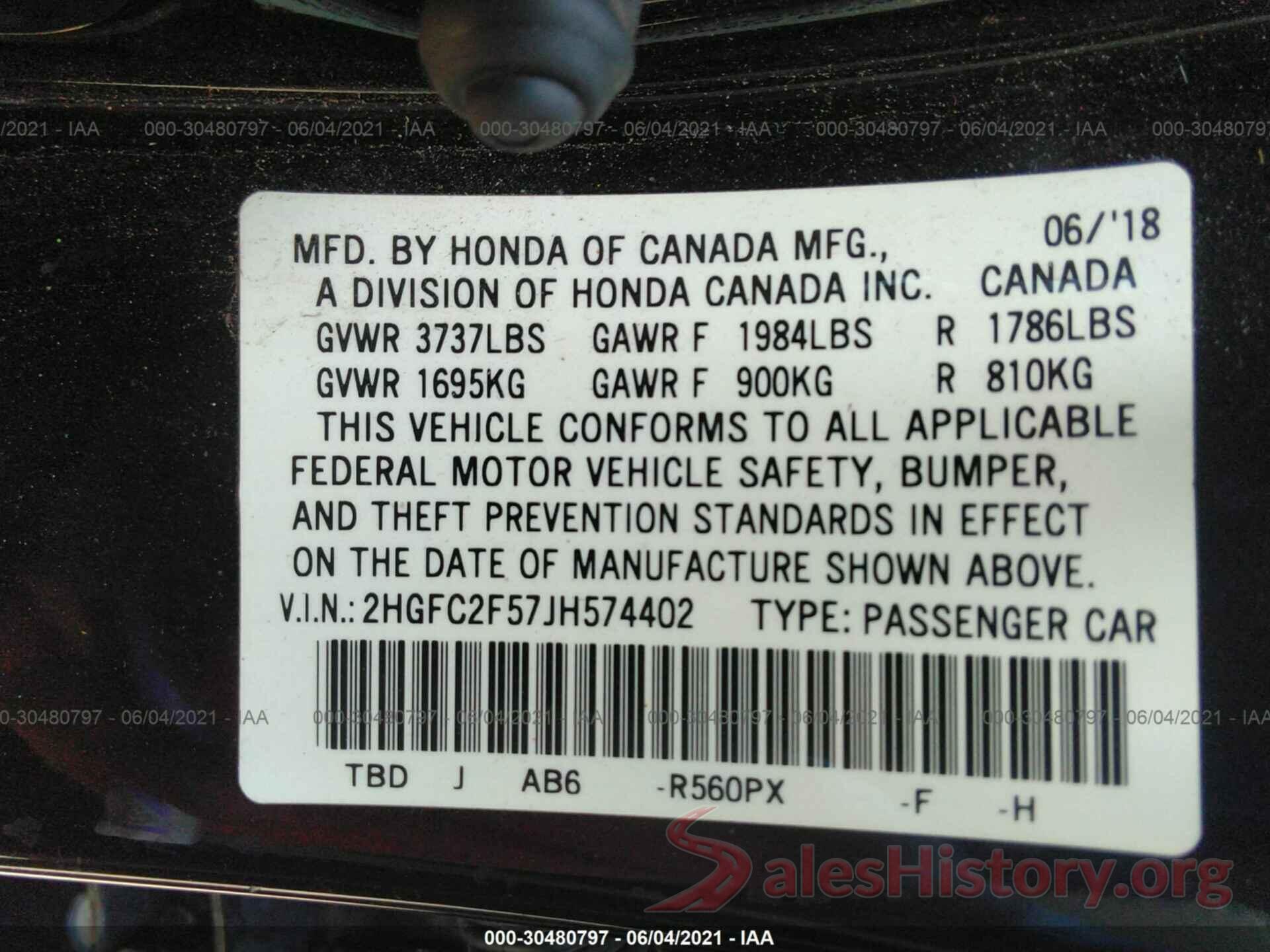 2HGFC2F57JH574402 2018 HONDA CIVIC SEDAN