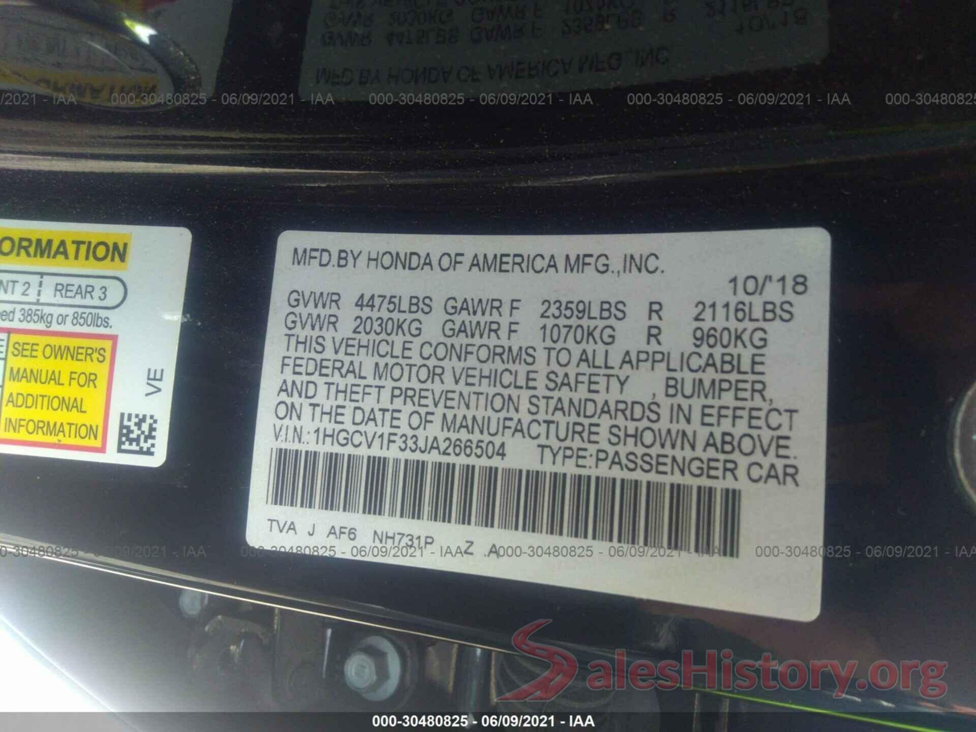 1HGCV1F33JA266504 2018 HONDA ACCORD SEDAN