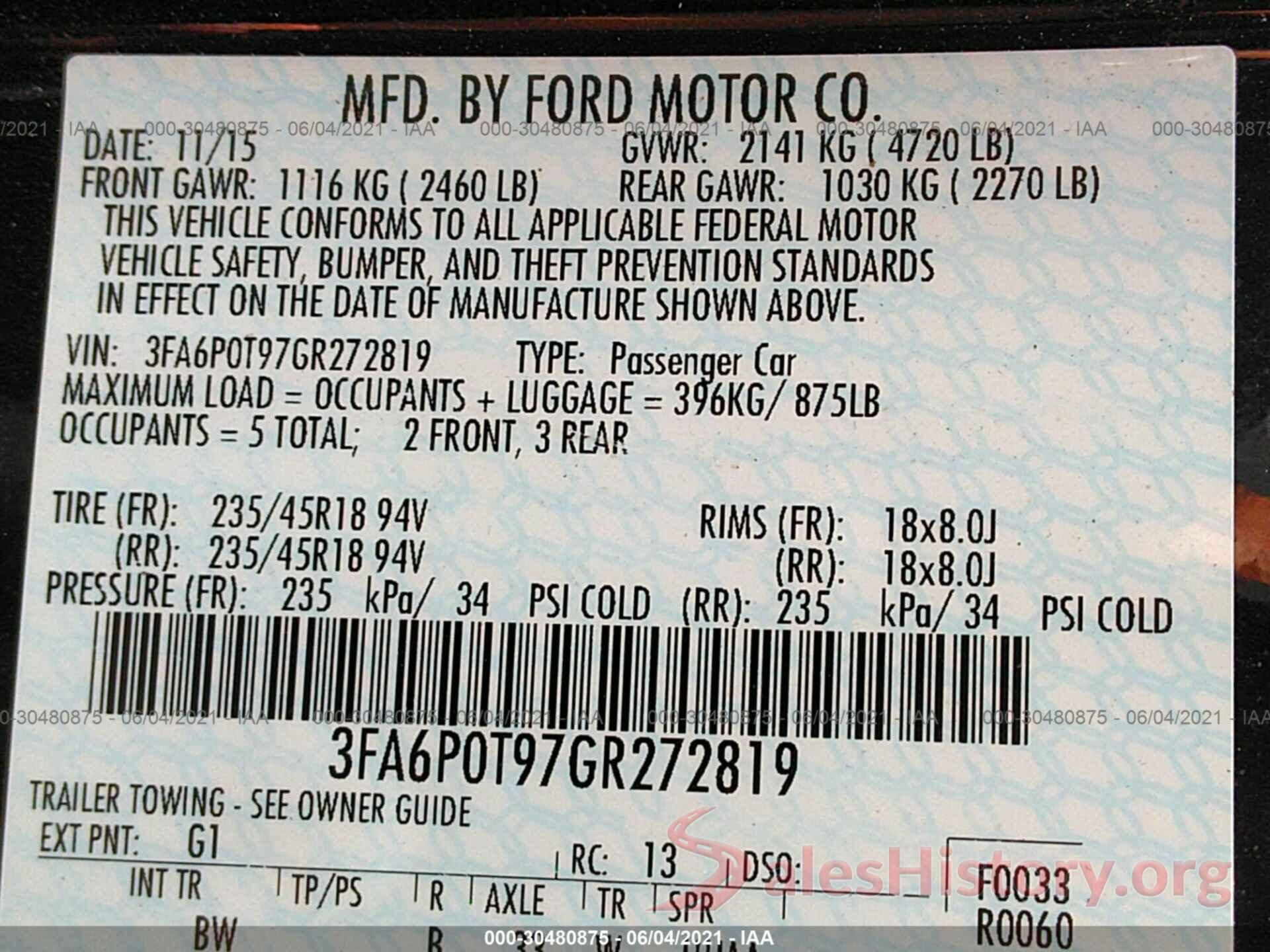 3FA6P0T97GR272819 2016 FORD FUSION