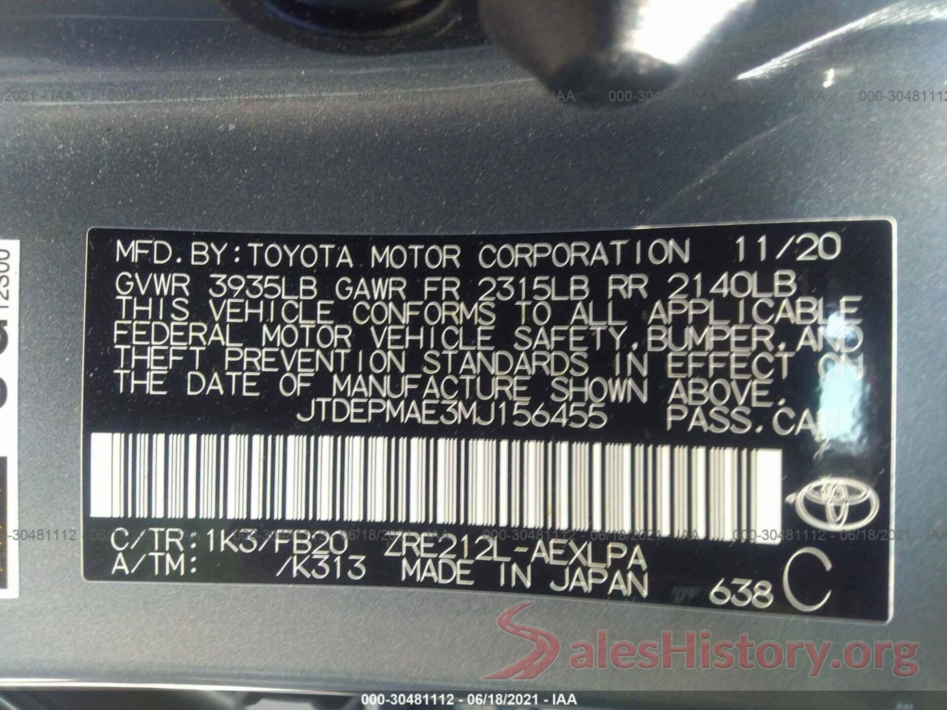 JTDEPMAE3MJ156455 2021 TOYOTA COROLLA