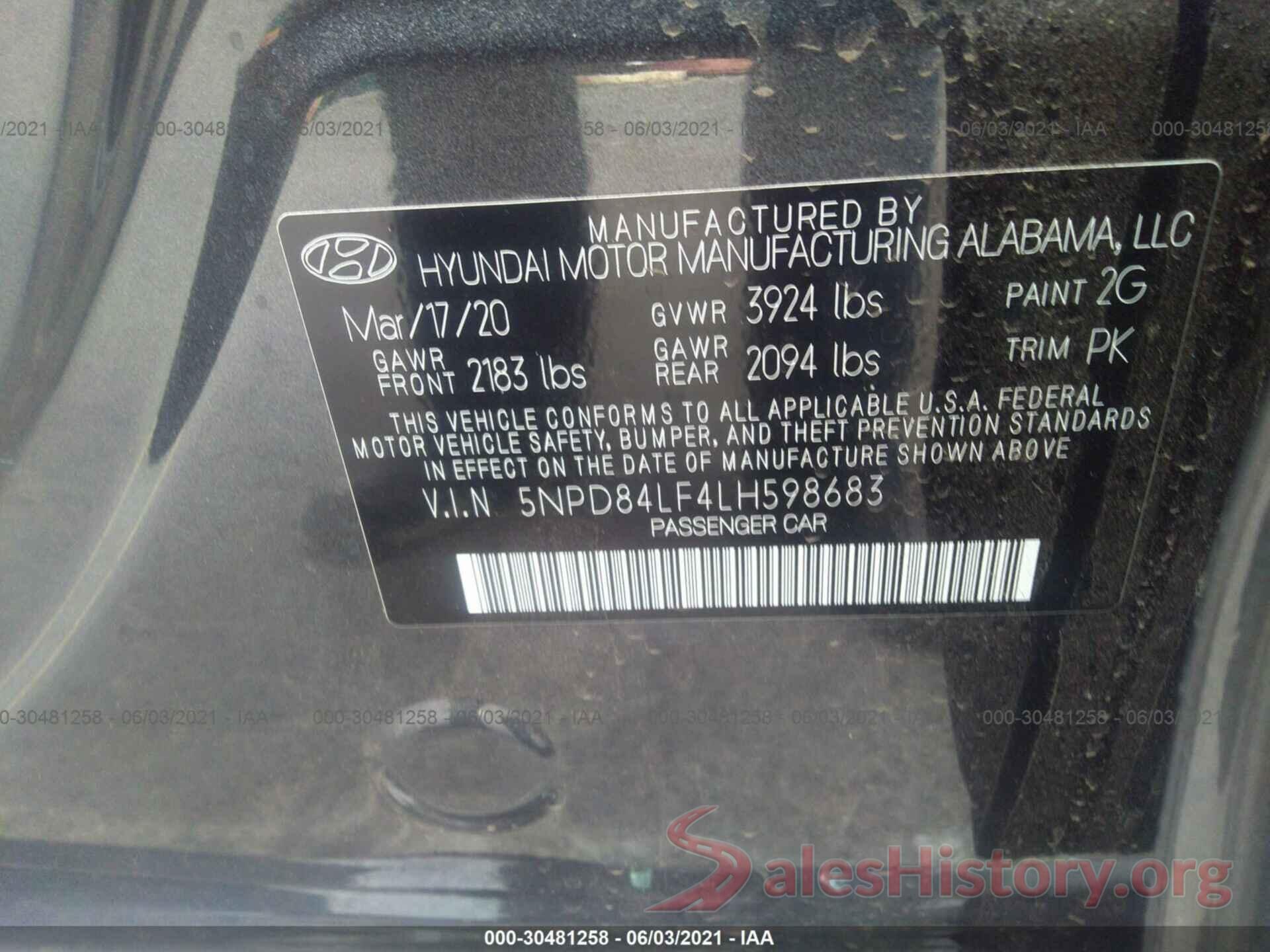 5NPD84LF4LH598683 2020 HYUNDAI ELANTRA