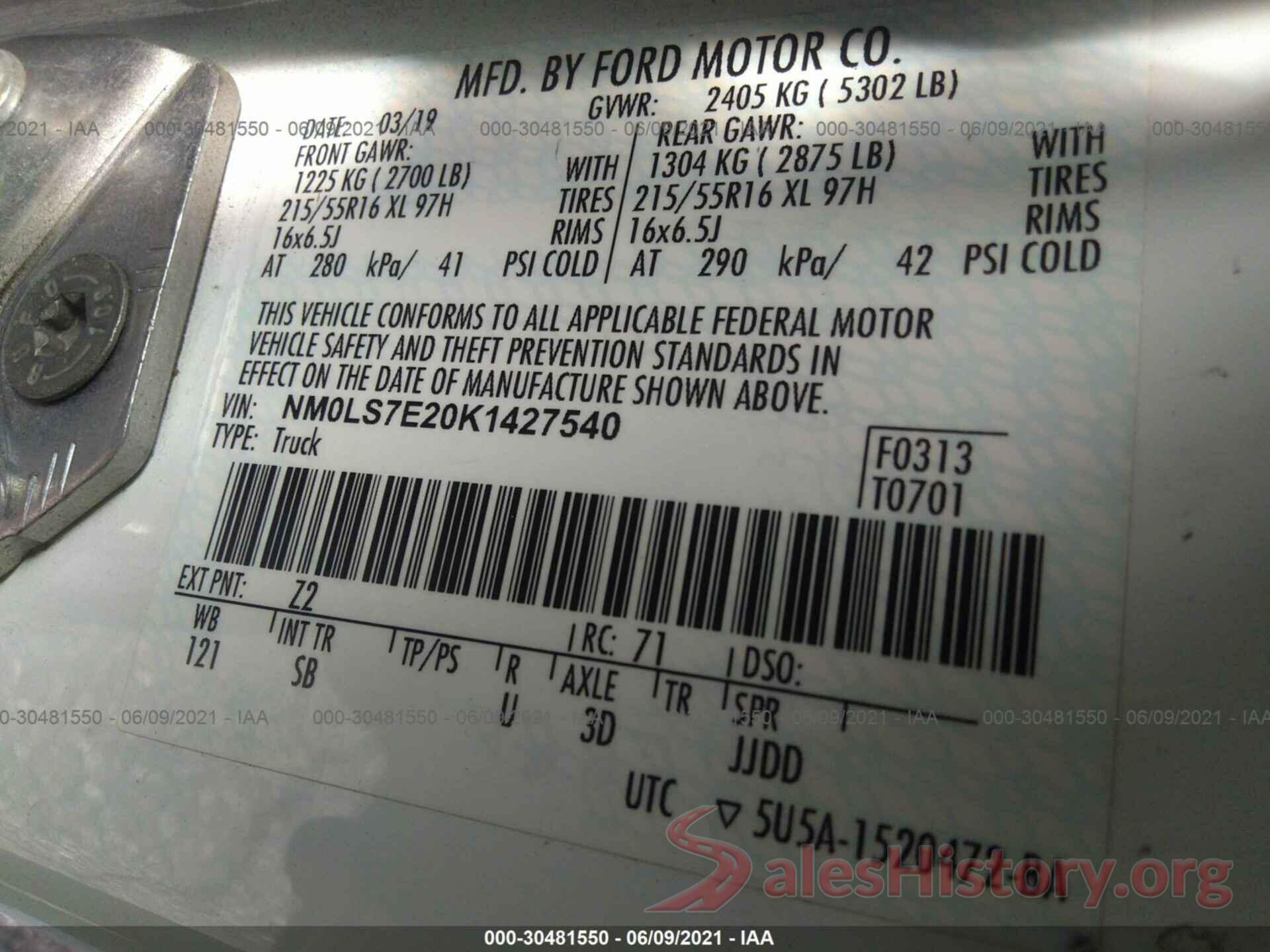 NM0LS7E20K1427540 2019 FORD TRANSIT CONNECT VAN