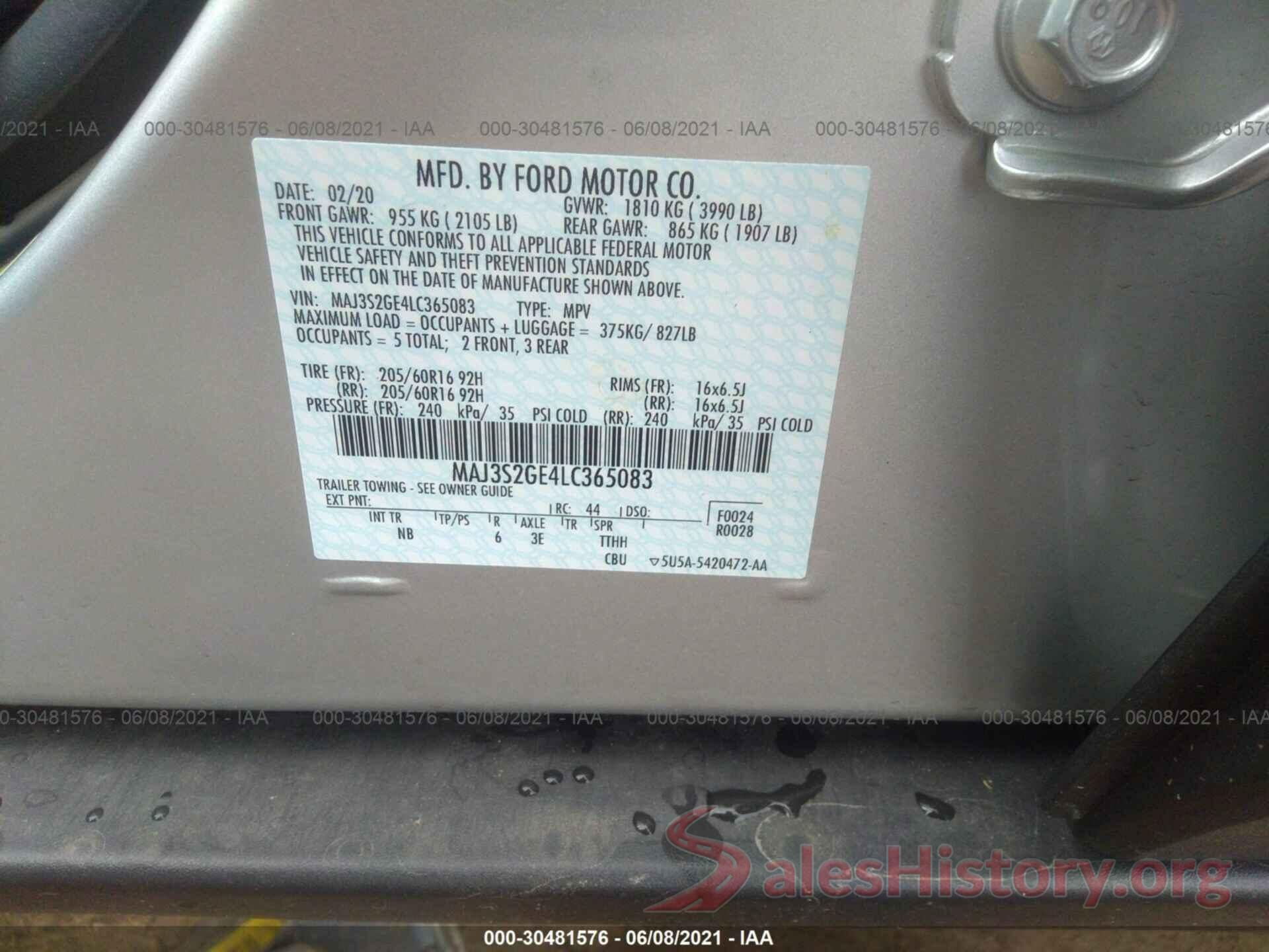 MAJ3S2GE4LC365083 2020 FORD ECOSPORT