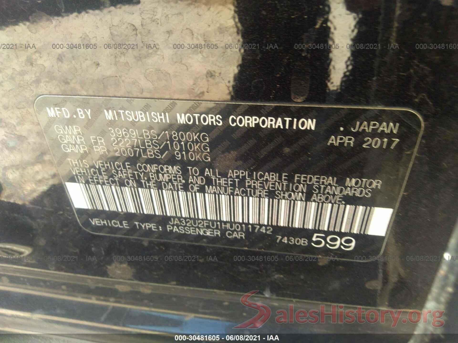 JA32U2FU1HU011742 2017 MITSUBISHI LANCER