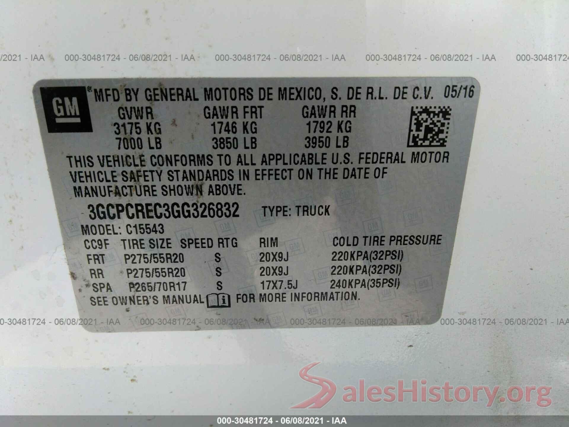 3GCPCREC3GG326832 2016 CHEVROLET SILVERADO 1500