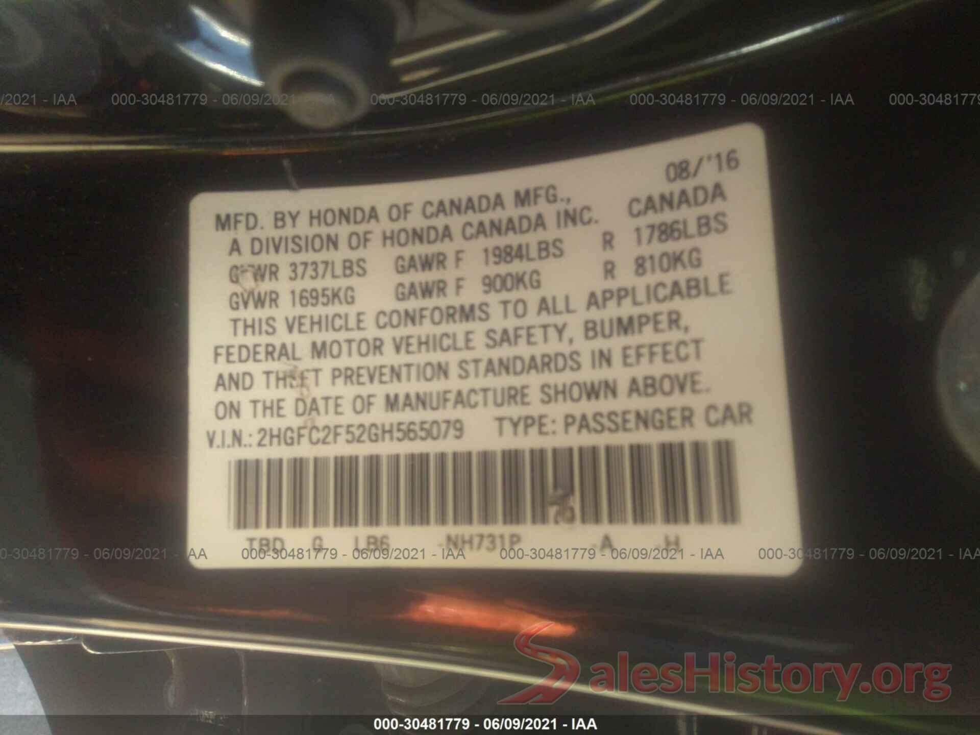 2HGFC2F52GH565079 2016 HONDA CIVIC SEDAN