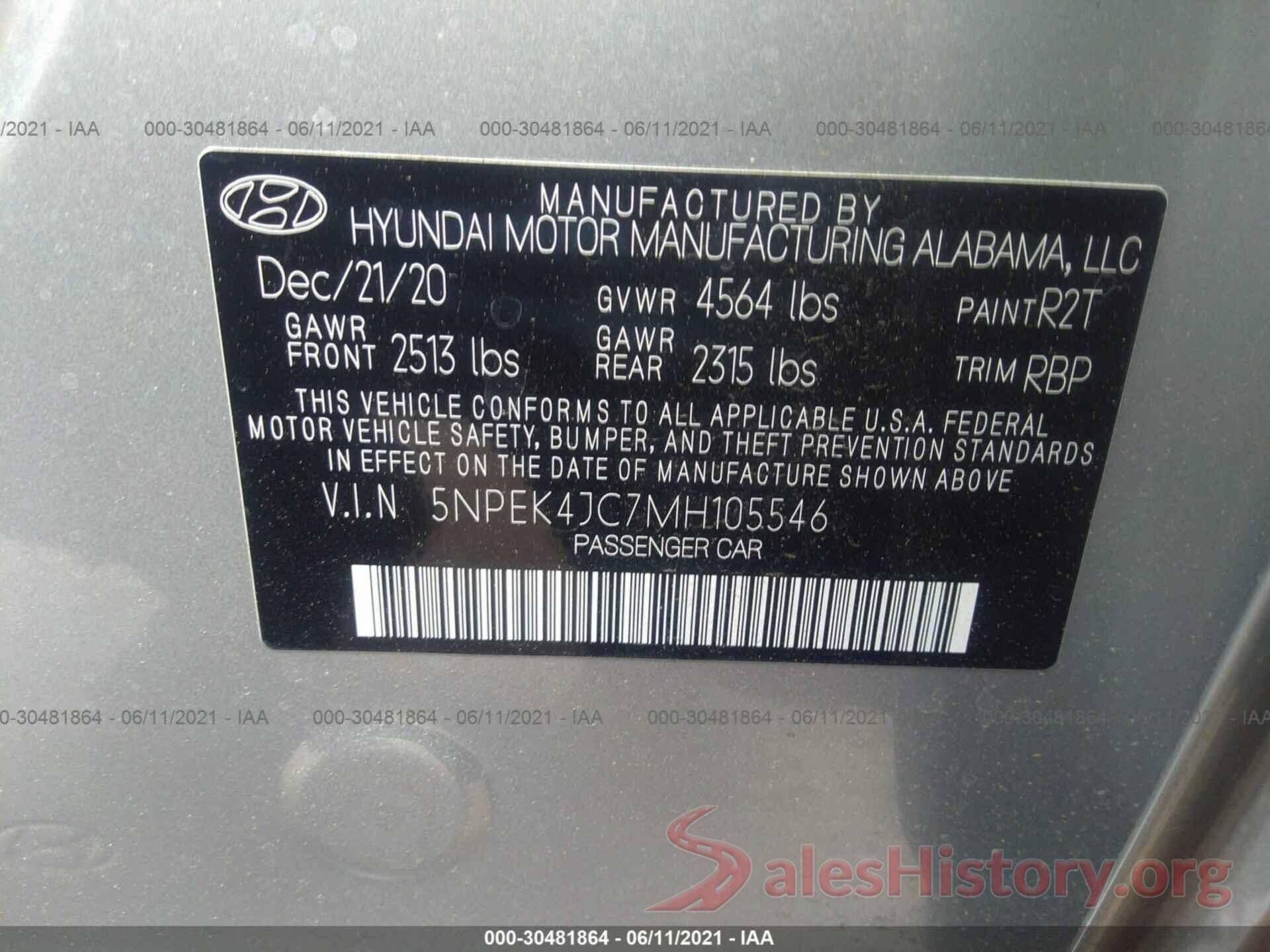 5NPEK4JC7MH105546 2021 HYUNDAI SONATA