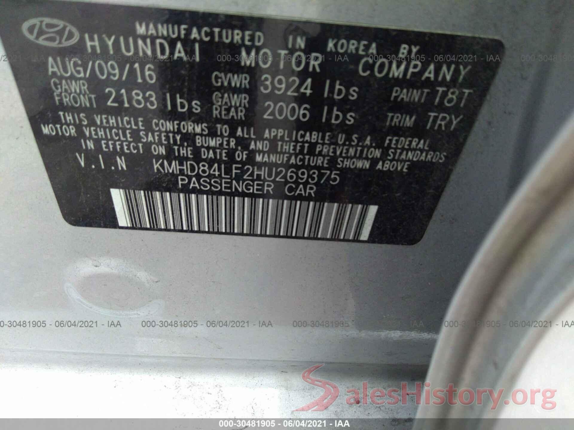 KMHD84LF2HU269375 2017 HYUNDAI ELANTRA