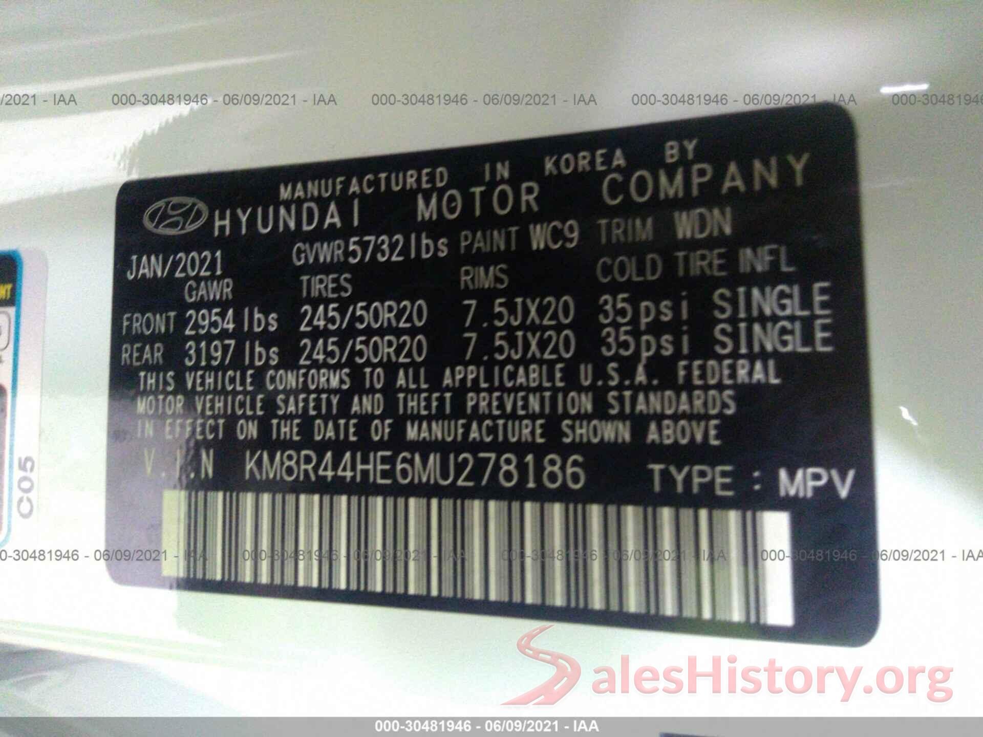 KM8R44HE6MU278186 2021 HYUNDAI PALISADE