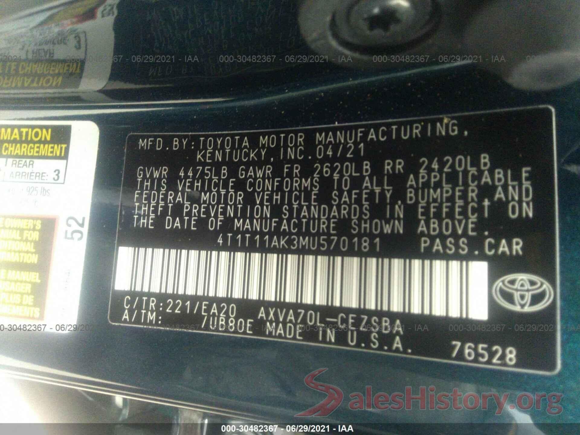 4T1T11AK3MU570181 2021 TOYOTA CAMRY