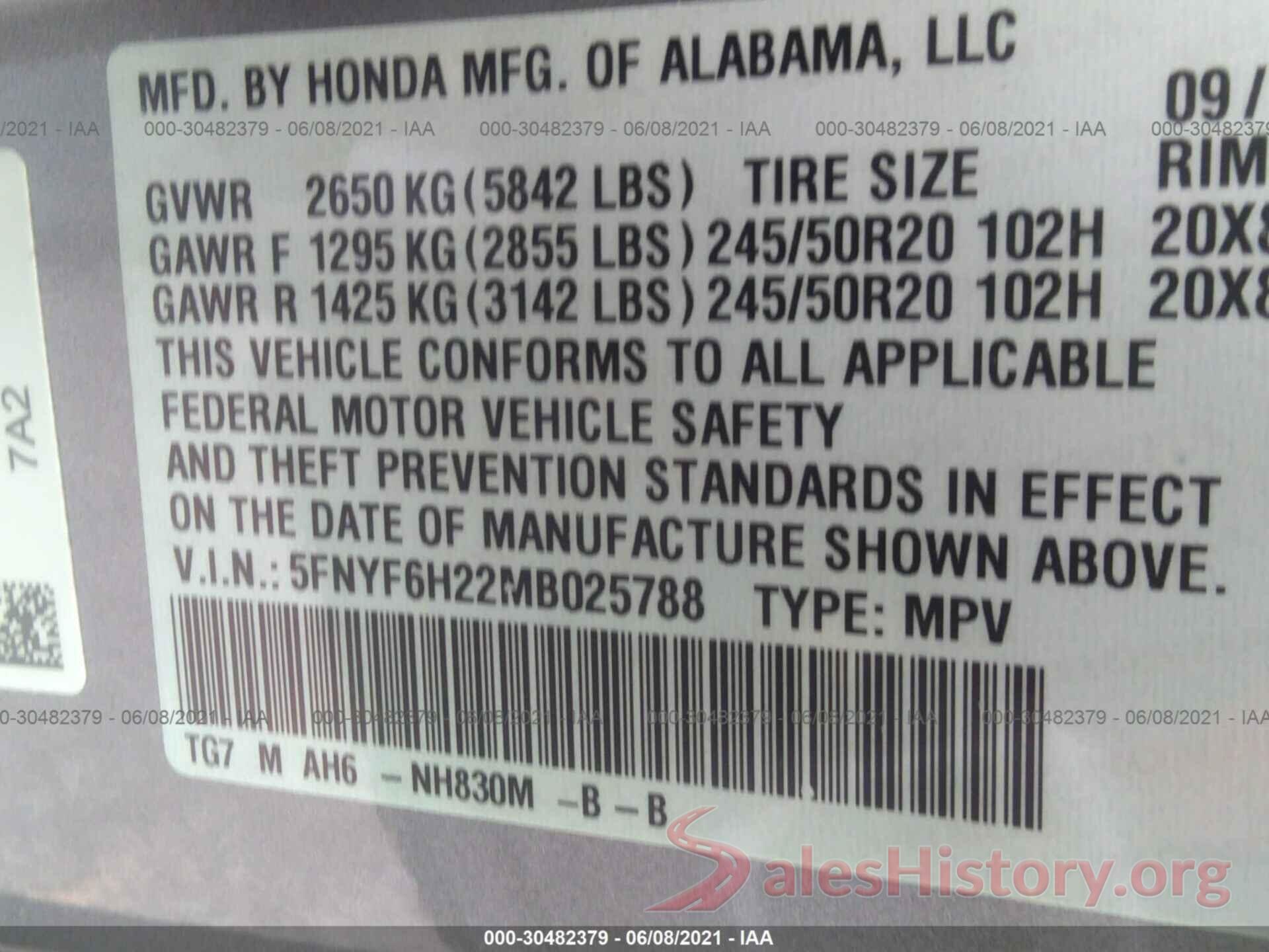 5FNYF6H22MB025788 2021 HONDA PILOT