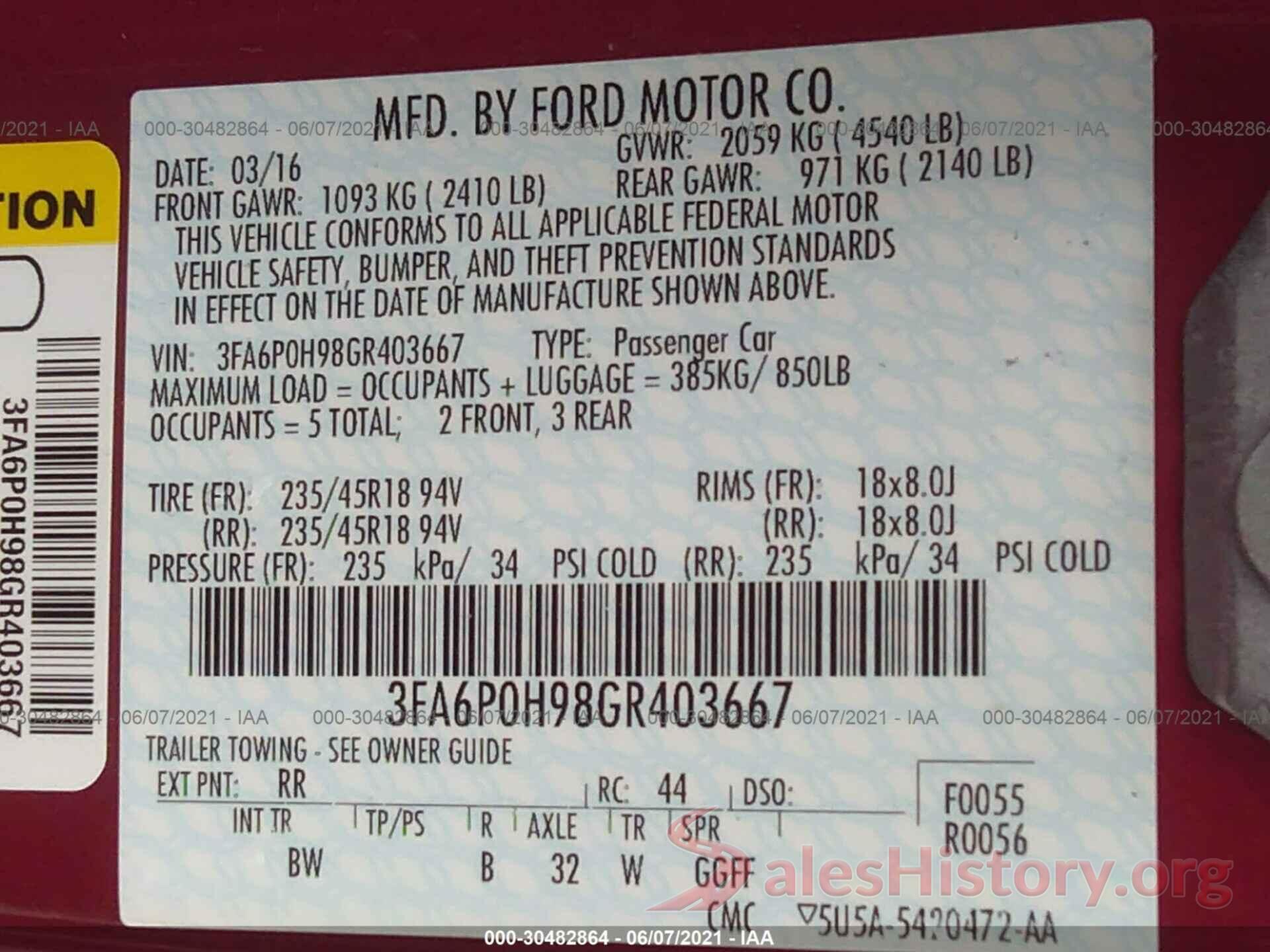 3FA6P0H98GR403667 2016 FORD FUSION