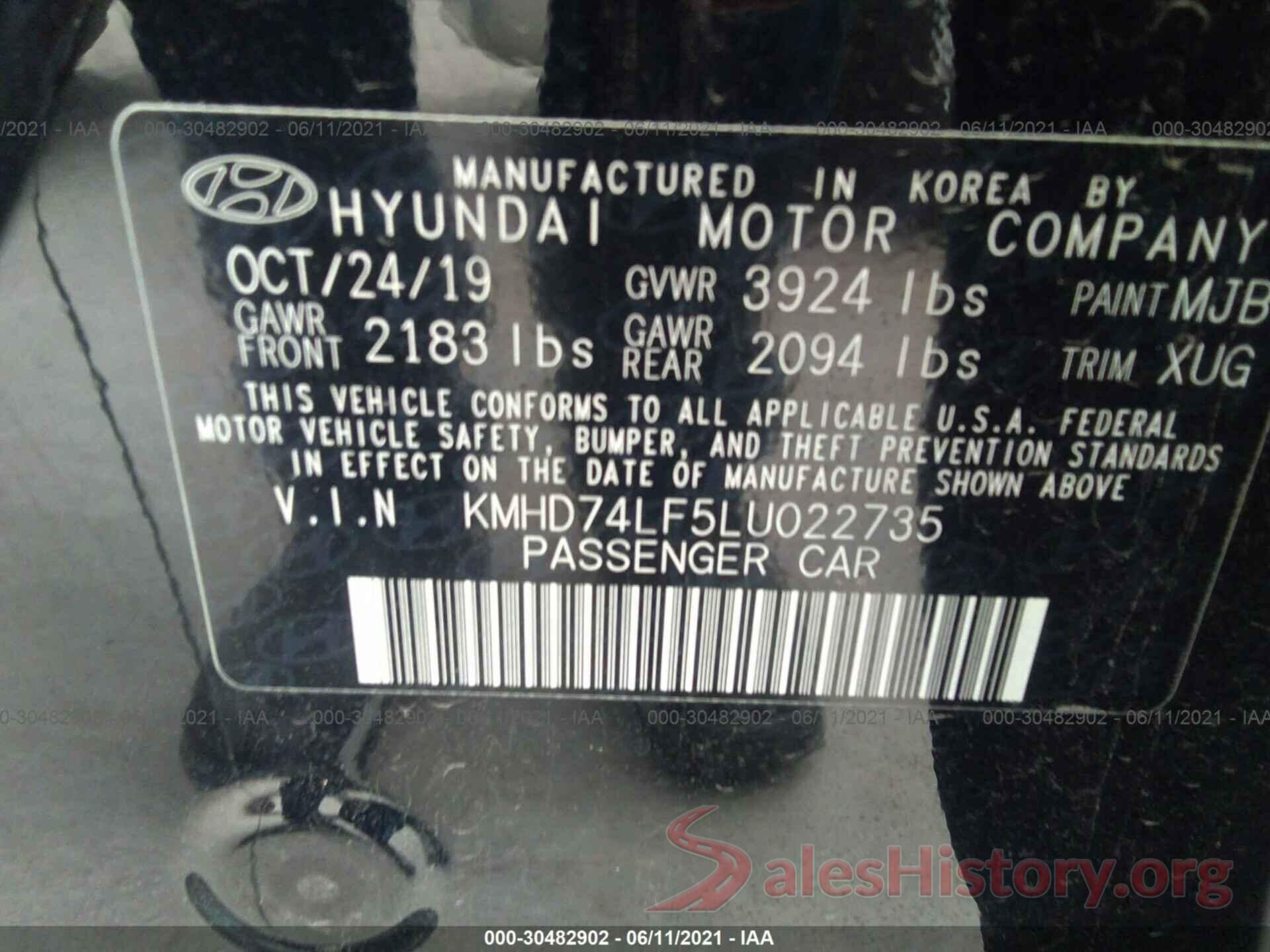 KMHD74LF5LU022735 2020 HYUNDAI ELANTRA