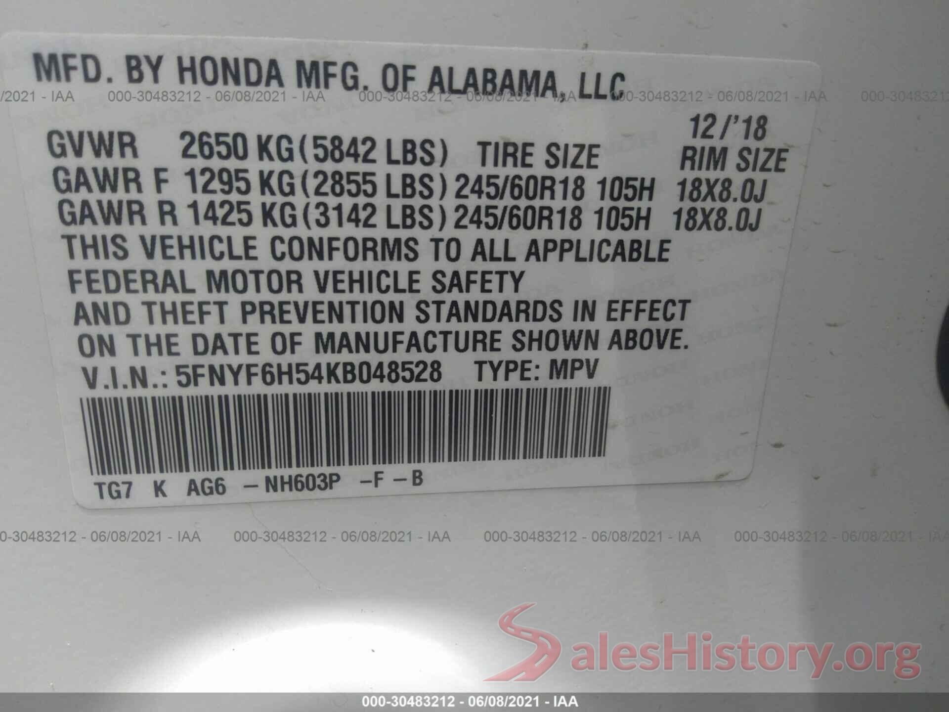 5FNYF6H54KB048528 2019 HONDA PILOT