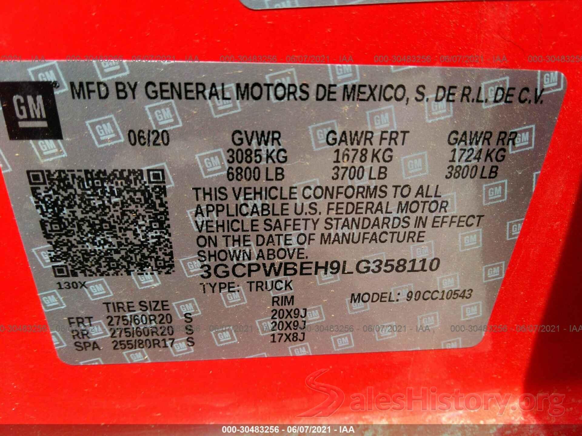 3GCPWBEH9LG358110 2020 CHEVROLET SILVERADO 1500