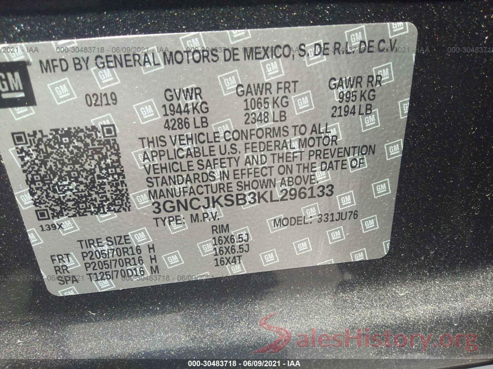 3GNCJKSB3KL296133 2019 CHEVROLET TRAX