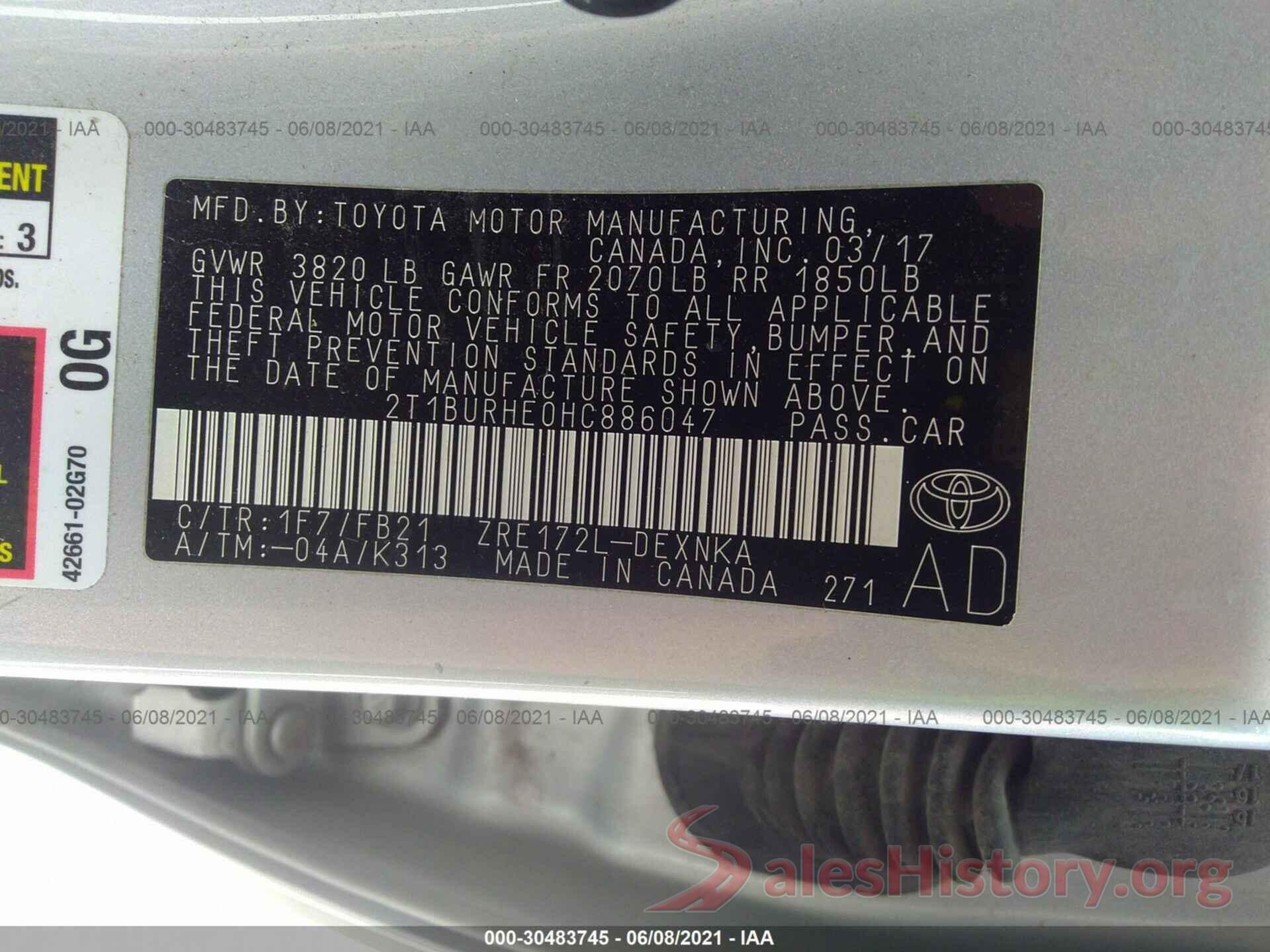 2T1BURHE0HC886047 2017 TOYOTA COROLLA