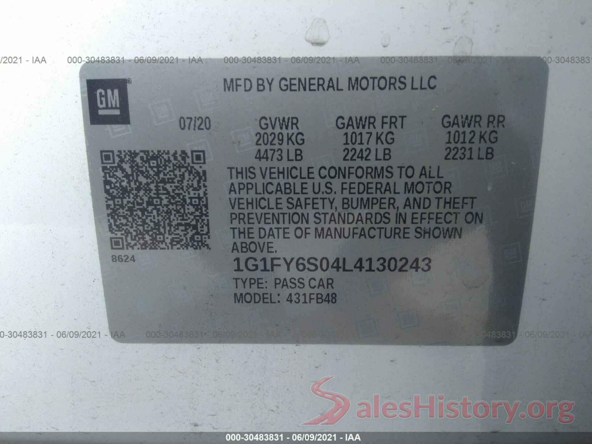 1G1FY6S04L4130243 2020 CHEVROLET BOLT EV