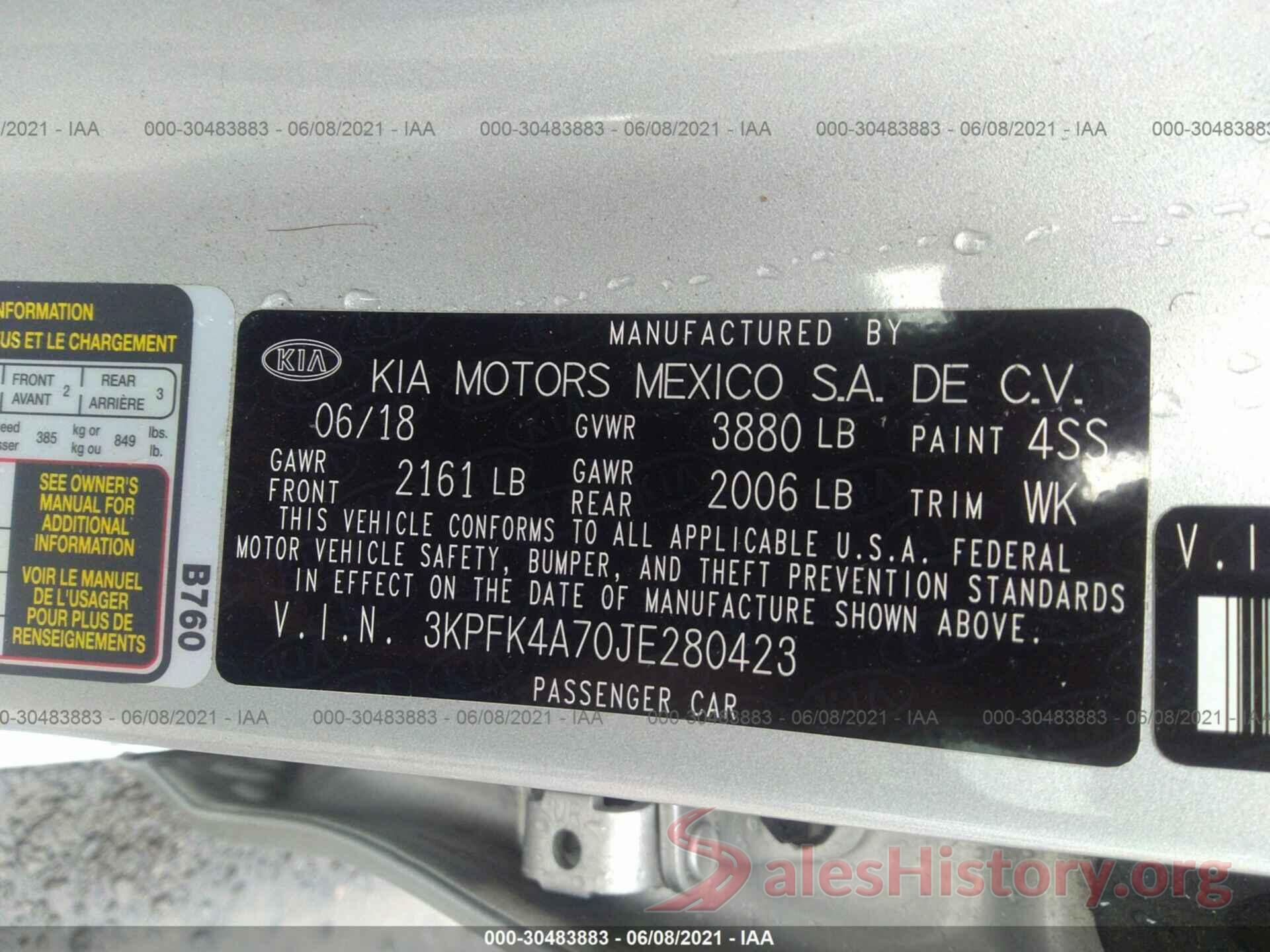 3KPFK4A70JE280423 2018 KIA FORTE