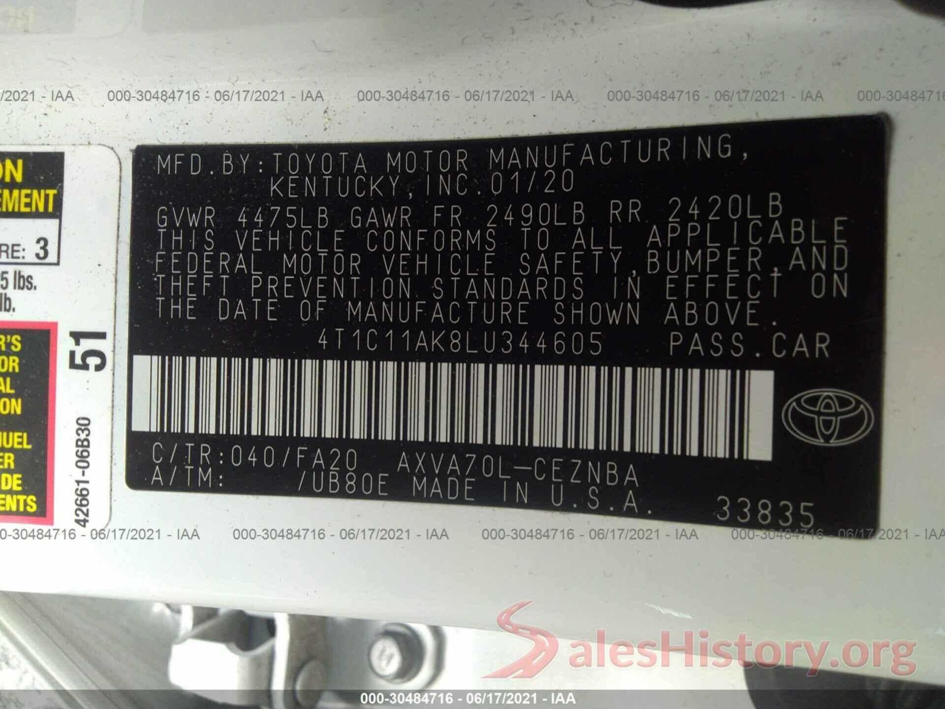 4T1C11AK8LU344605 2020 TOYOTA CAMRY