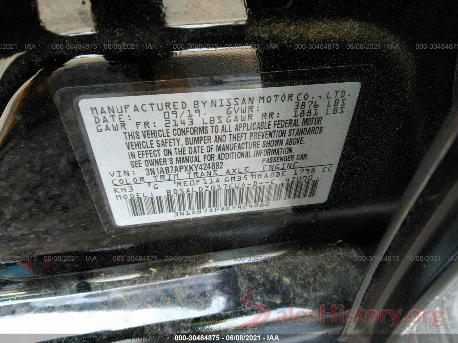 3N1AB7APXKY424882 2019 NISSAN SENTRA