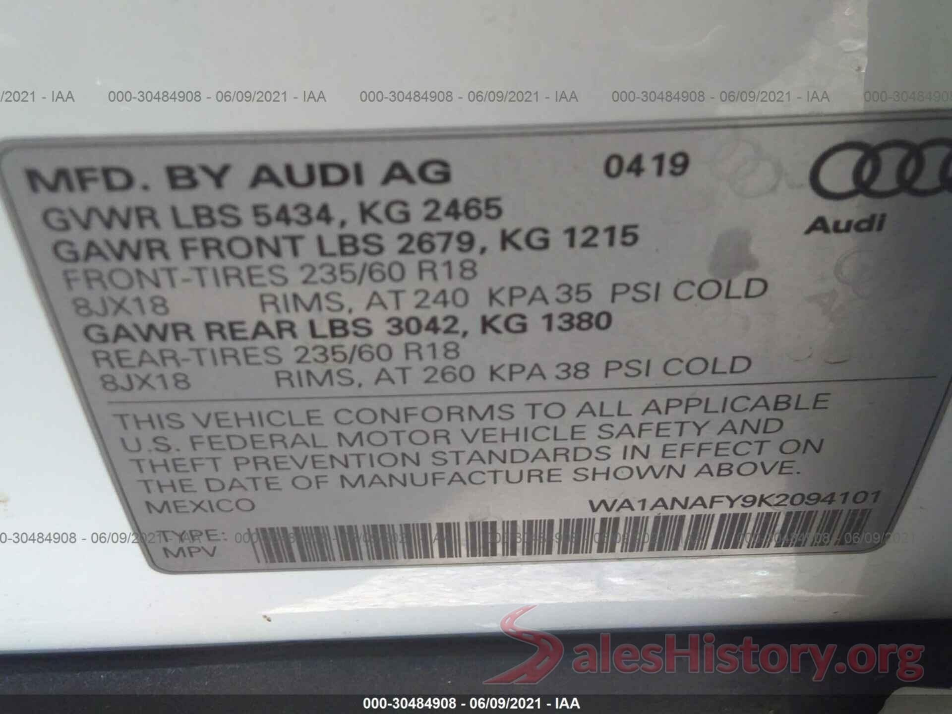 WA1ANAFY9K2094101 2019 AUDI Q5