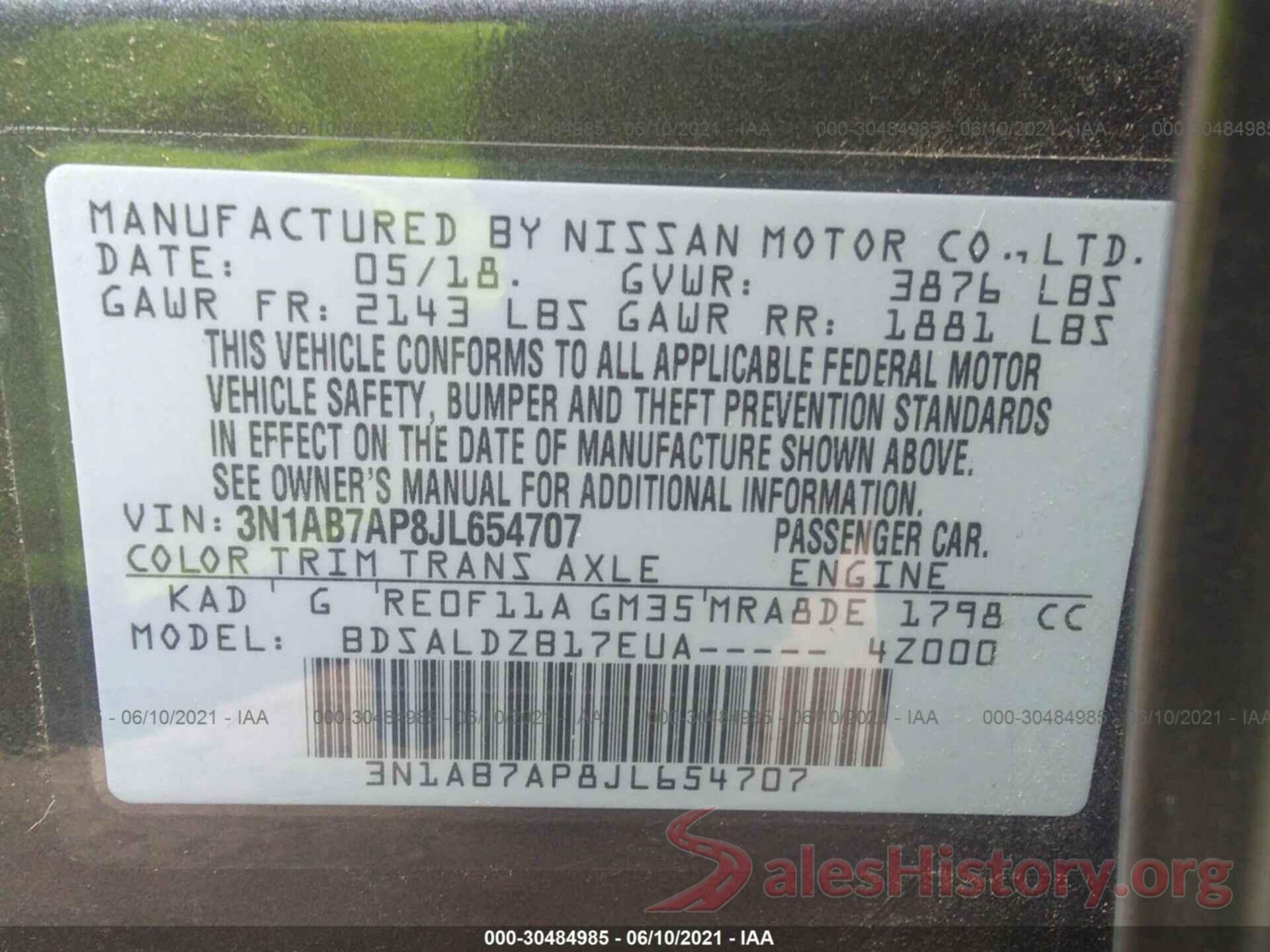 3N1AB7AP8JL654707 2018 NISSAN SENTRA