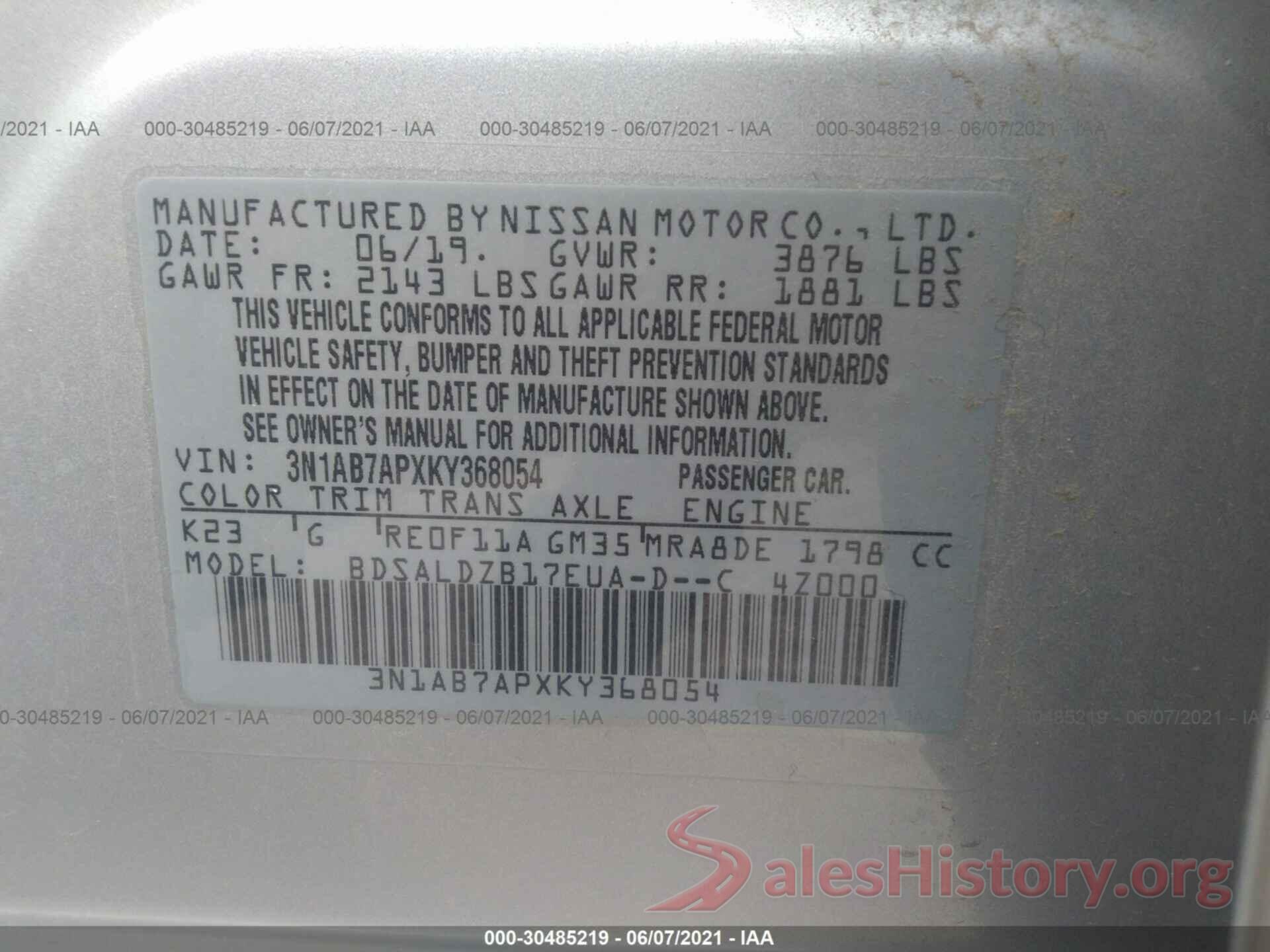 3N1AB7APXKY368054 2019 NISSAN SENTRA