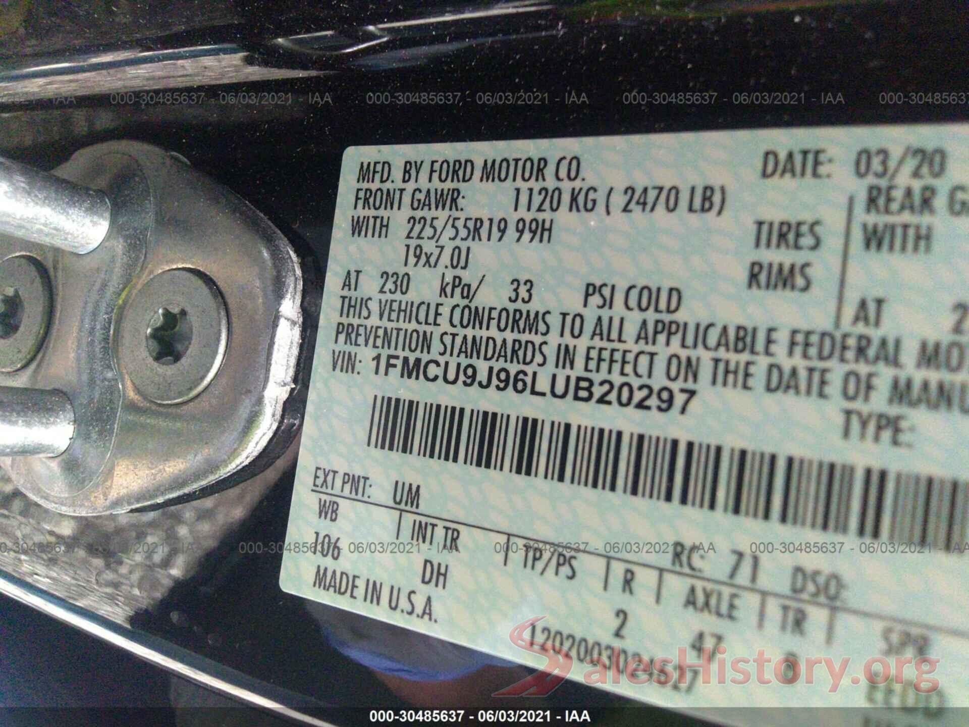 1FMCU9J96LUB20297 2020 FORD ESCAPE