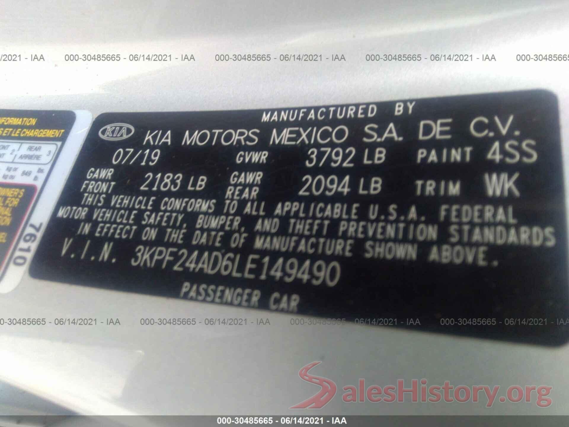 3KPF24AD6LE149490 2020 KIA FORTE