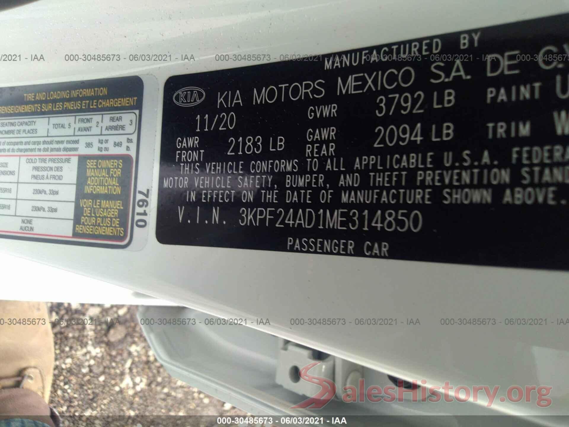 3KPF24AD1ME314850 2021 KIA FORTE