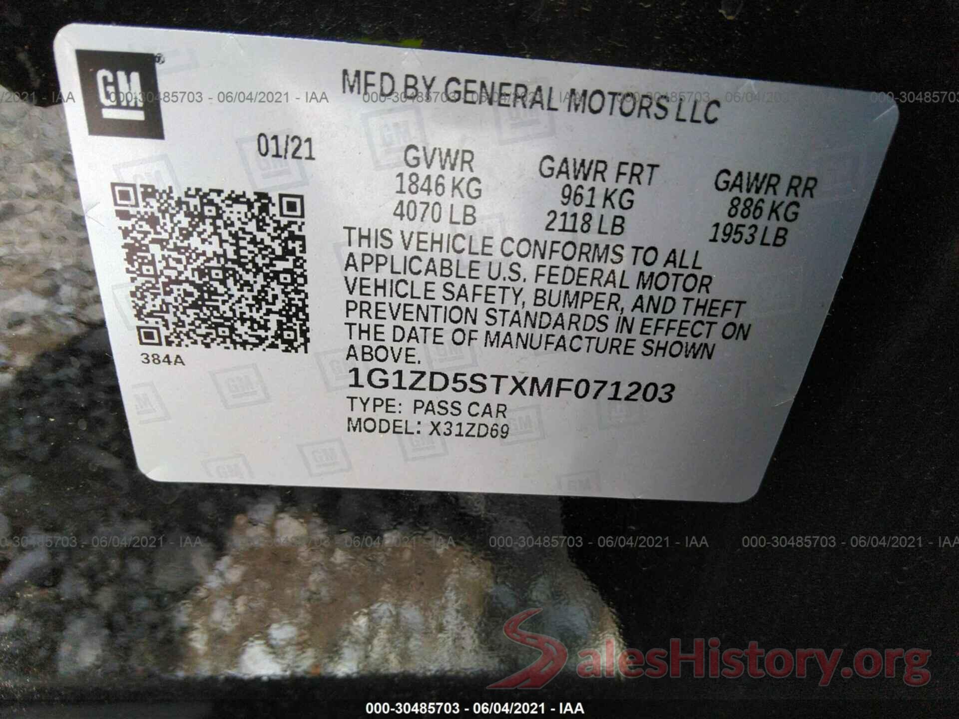 1G1ZD5STXMF071203 2021 CHEVROLET MALIBU