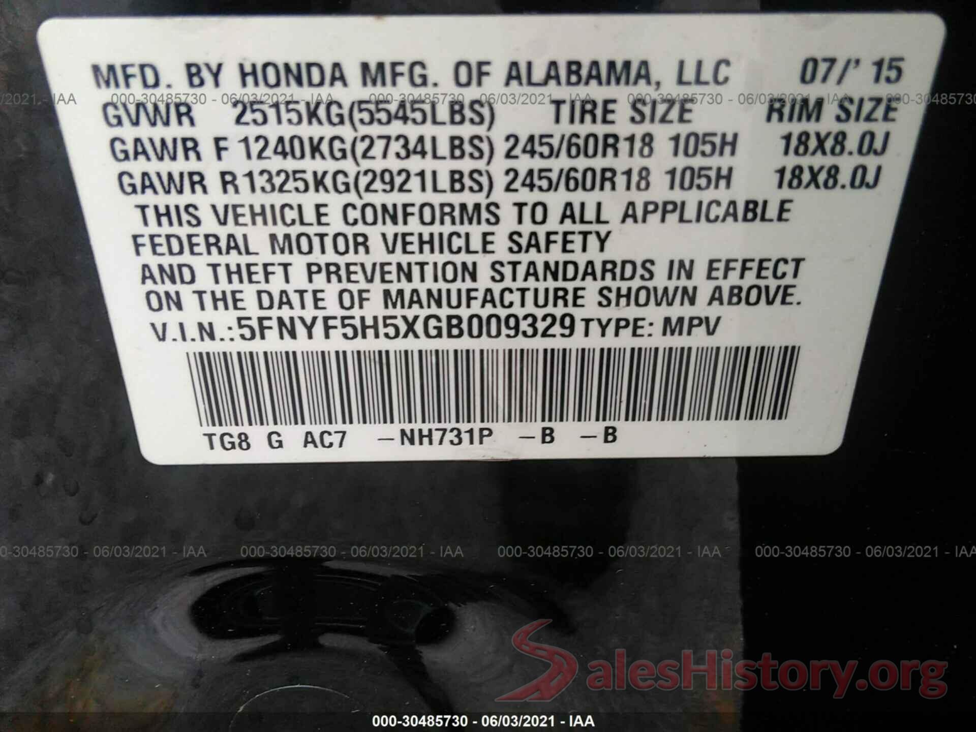 5FNYF5H5XGB009329 2016 HONDA PILOT