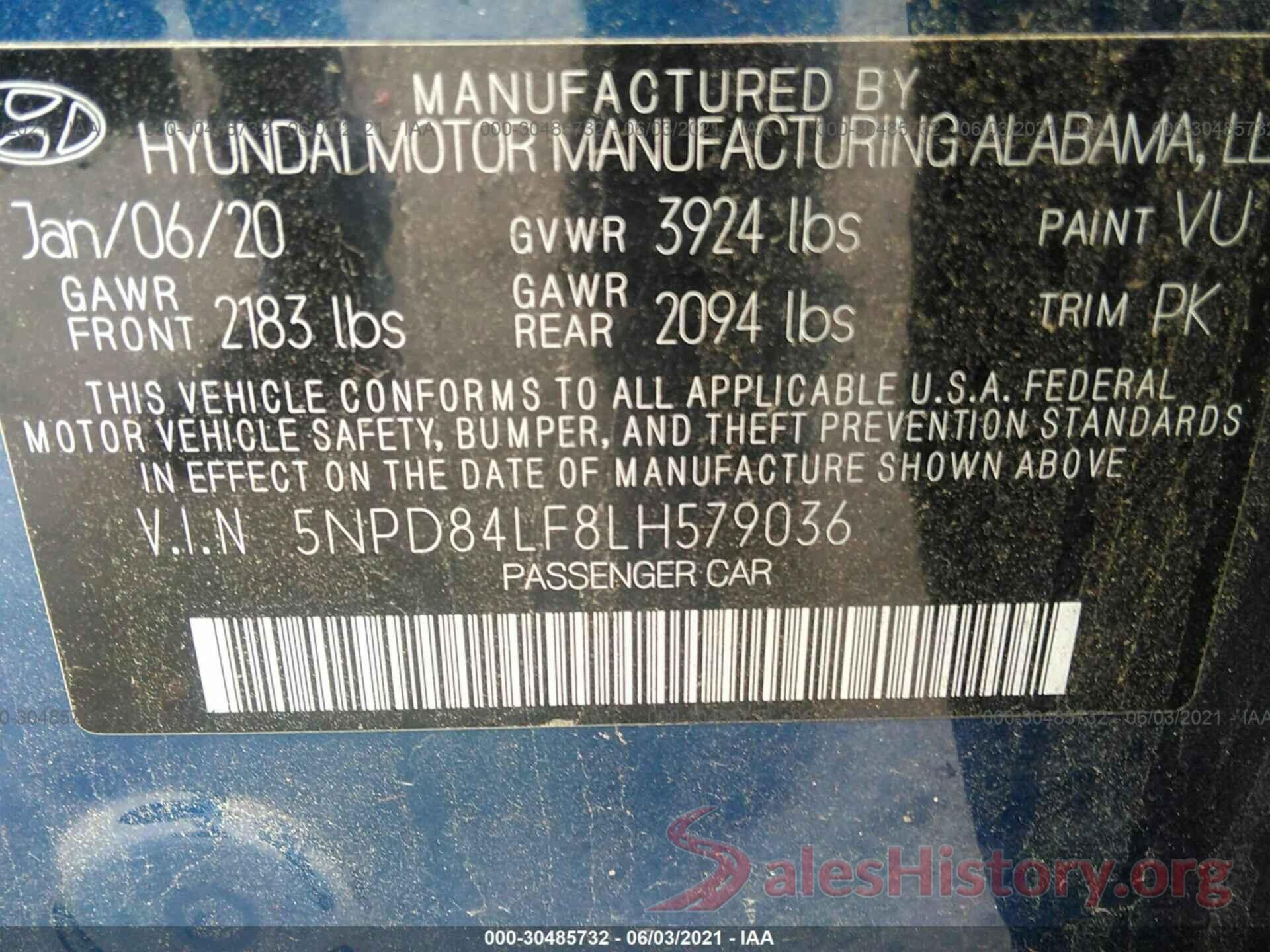 5NPD84LF8LH579036 2020 HYUNDAI ELANTRA