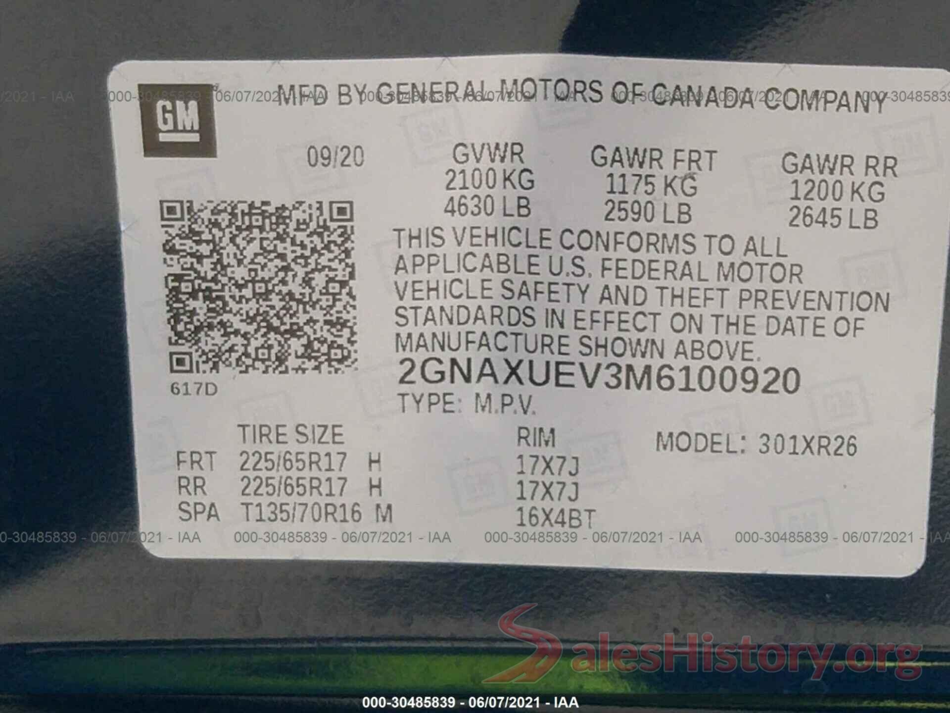 2GNAXUEV3M6100920 2021 CHEVROLET EQUINOX