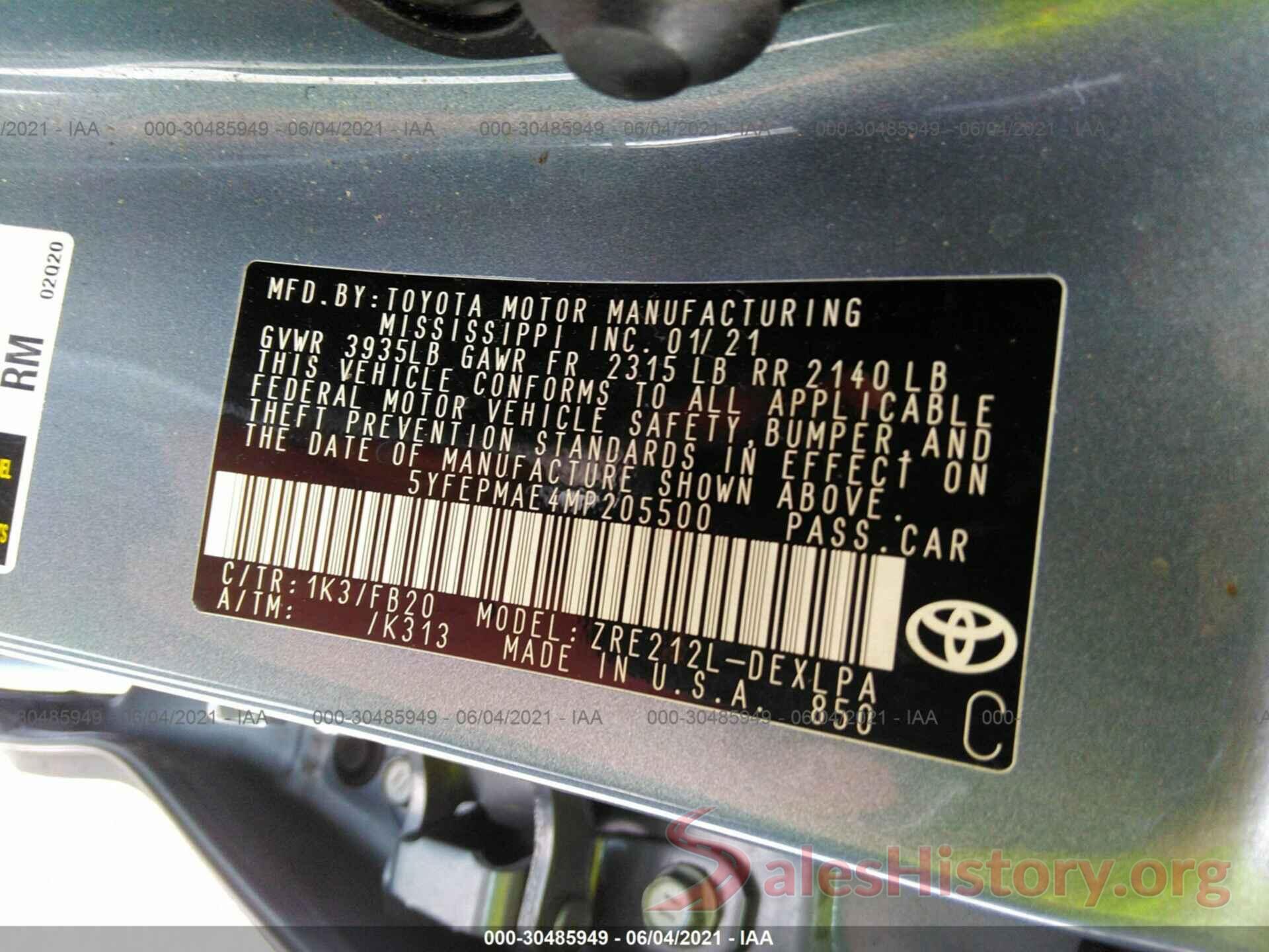 5YFEPMAE4MP205500 2021 TOYOTA COROLLA