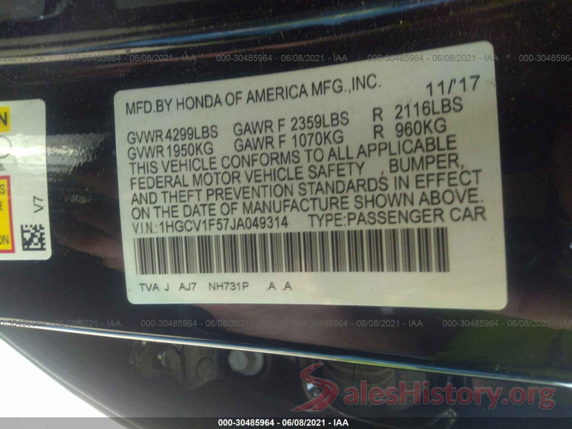 1HGCV1F57JA049314 2018 HONDA ACCORD SEDAN