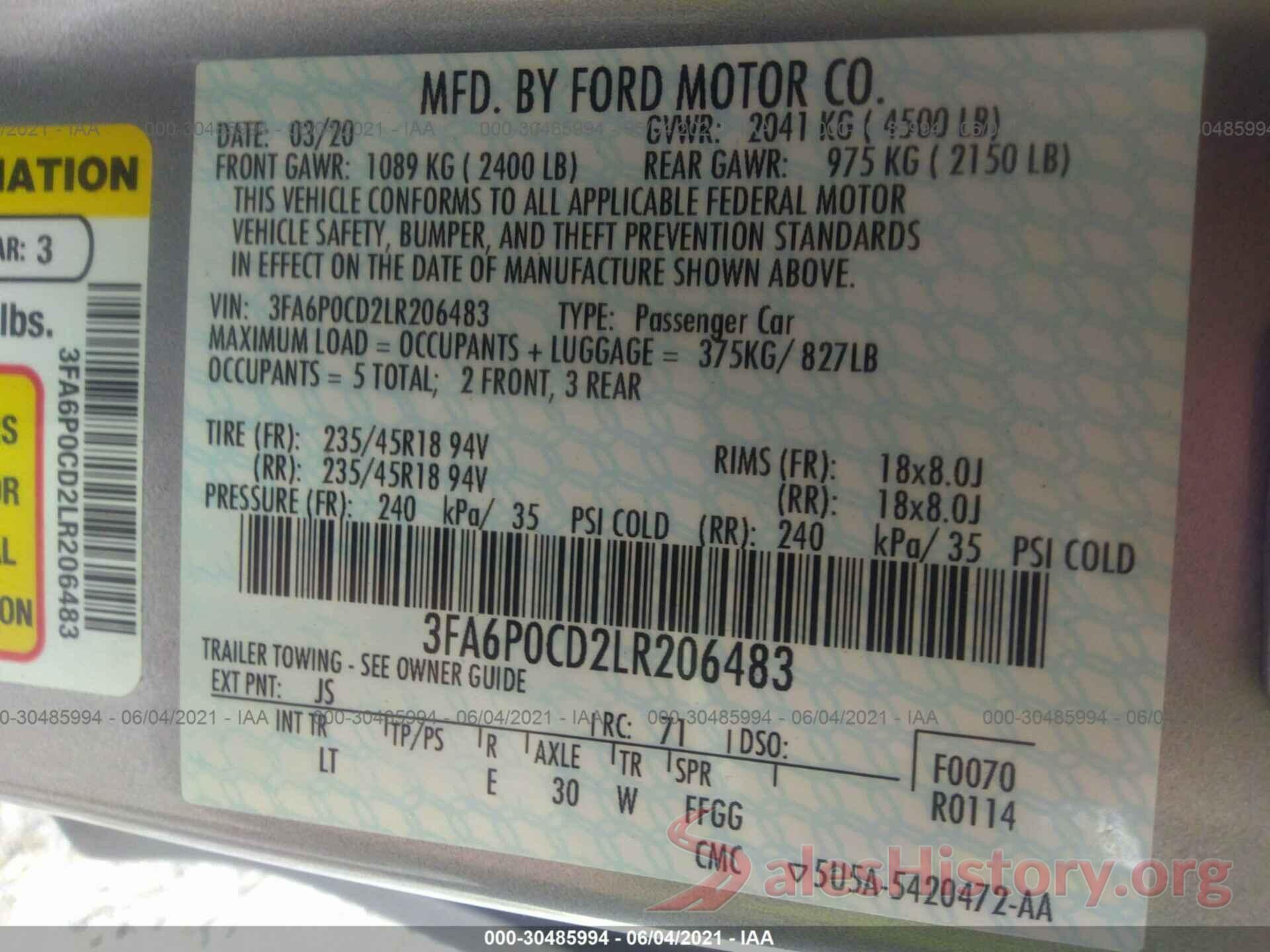 3FA6P0CD2LR206483 2020 FORD FUSION