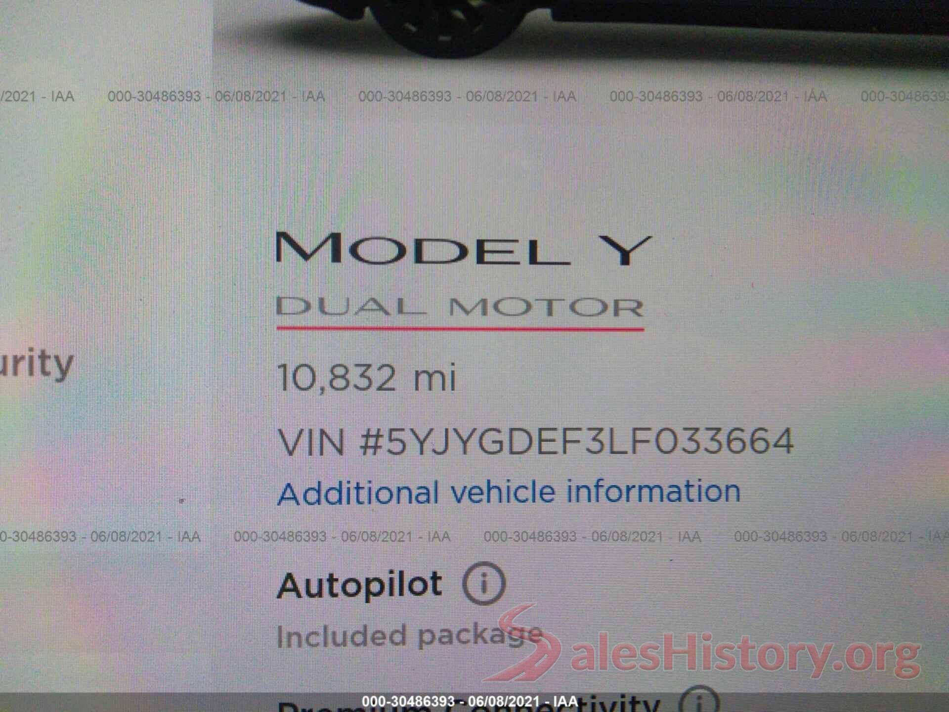 5YJYGDEF3LF033664 2020 TESLA MODEL Y