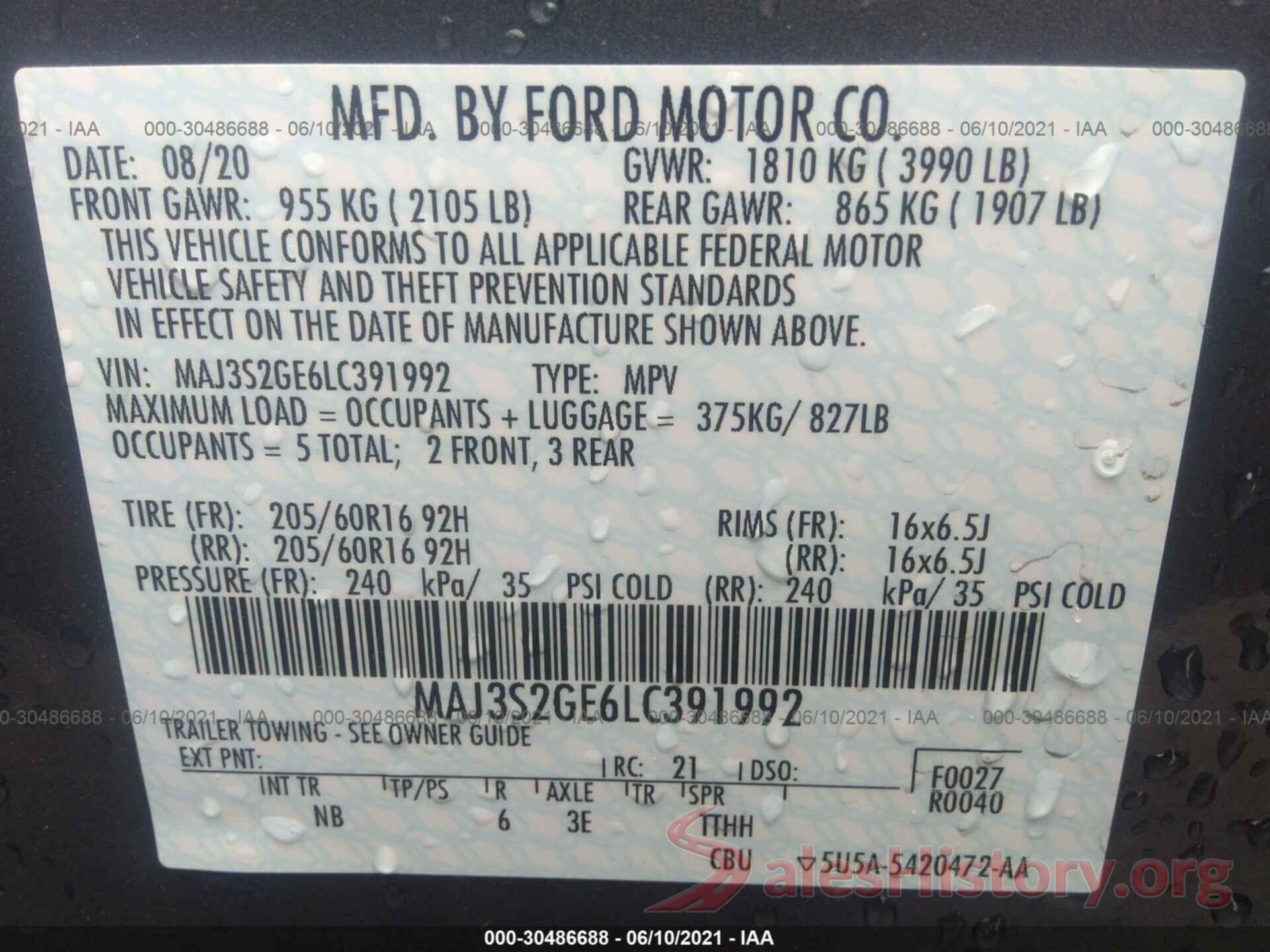 MAJ3S2GE6LC391992 2020 FORD ECOSPORT