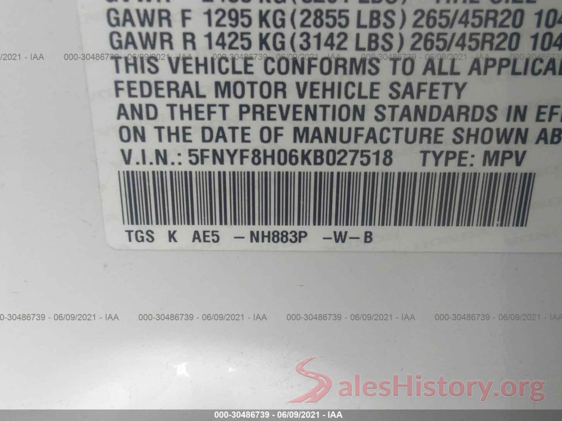 5FNYF8H06KB027518 2019 HONDA PASSPORT