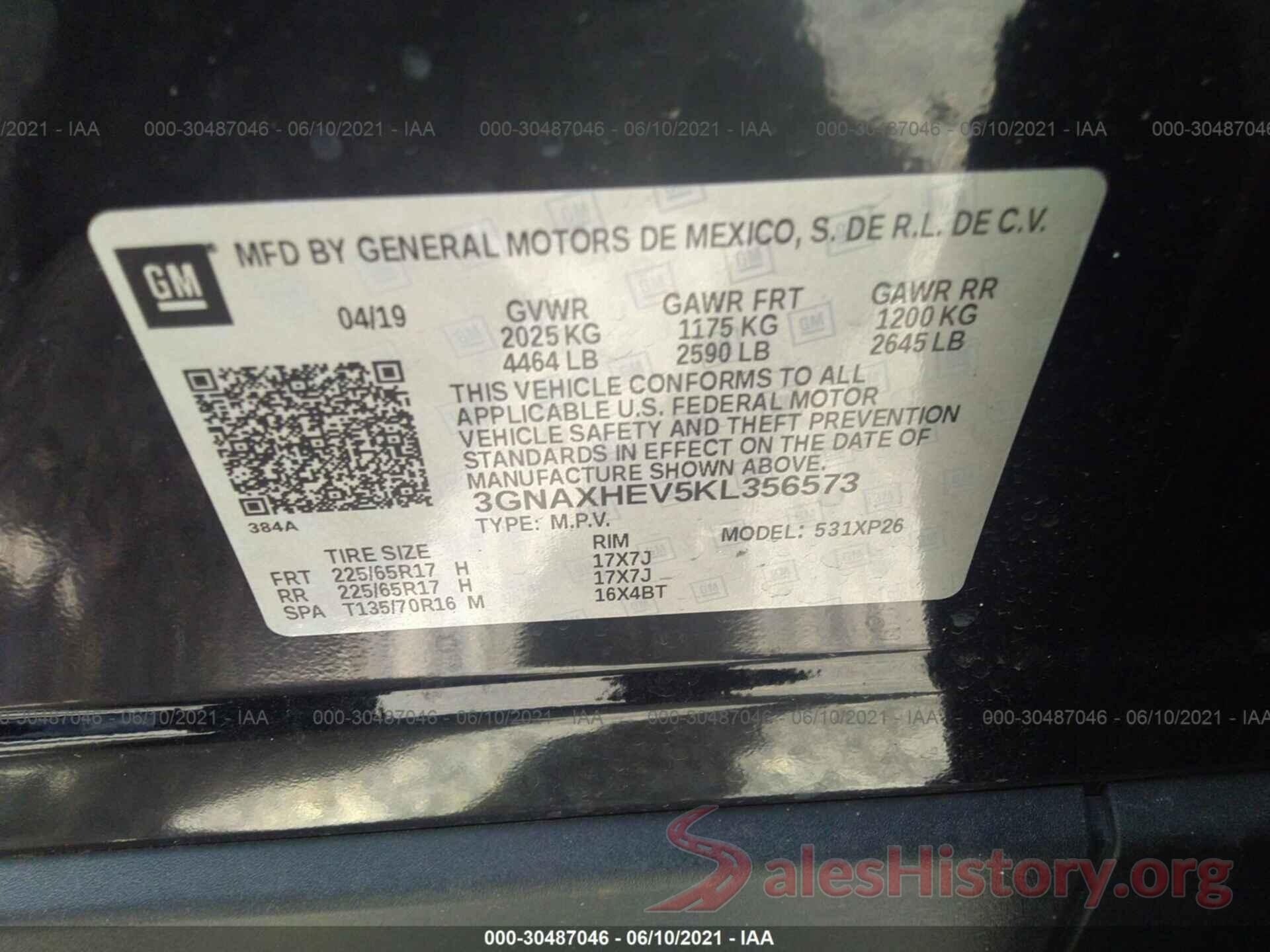 3GNAXHEV5KL356573 2019 CHEVROLET EQUINOX