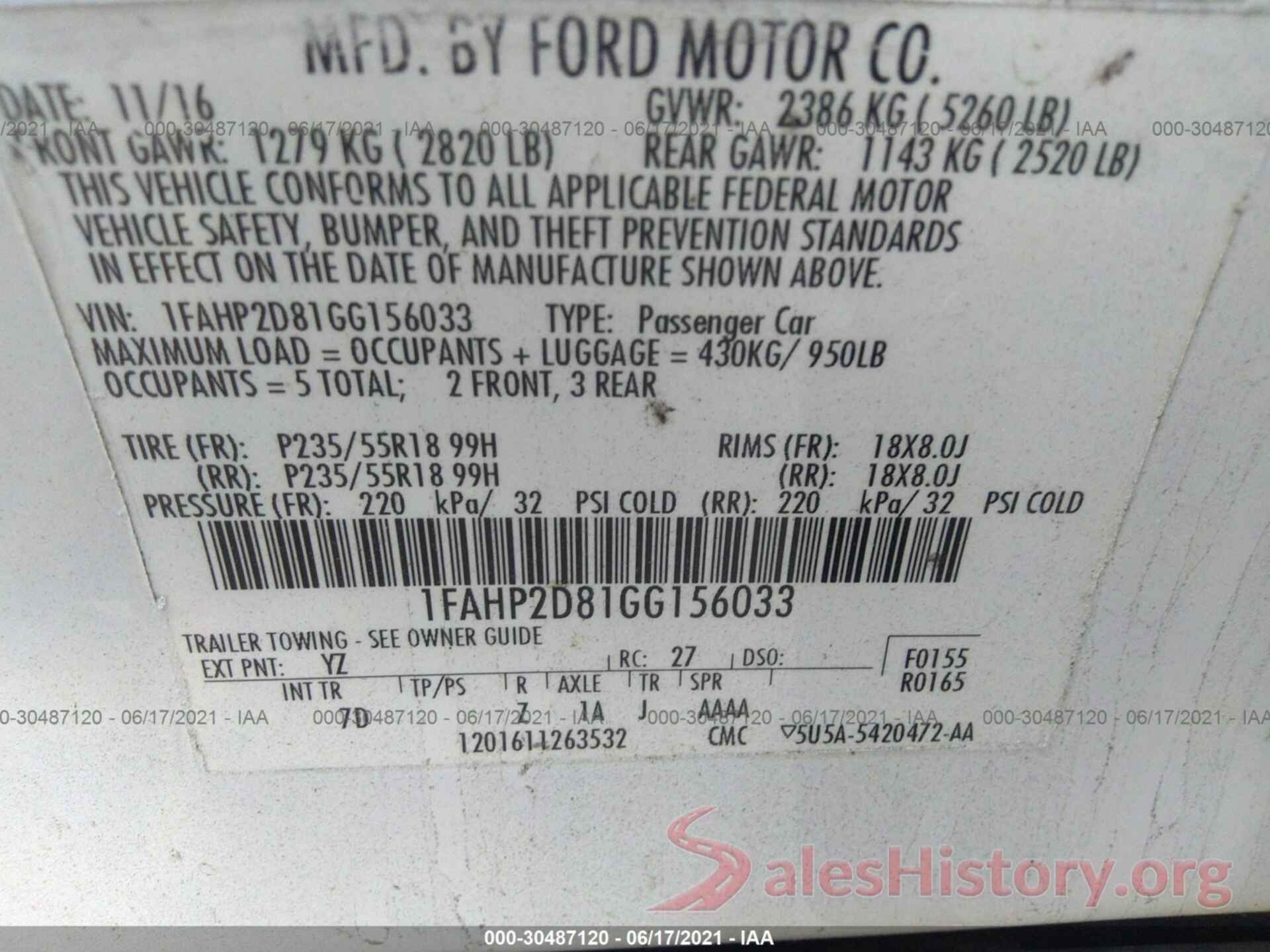 1FAHP2D81GG156033 2016 FORD TAURUS